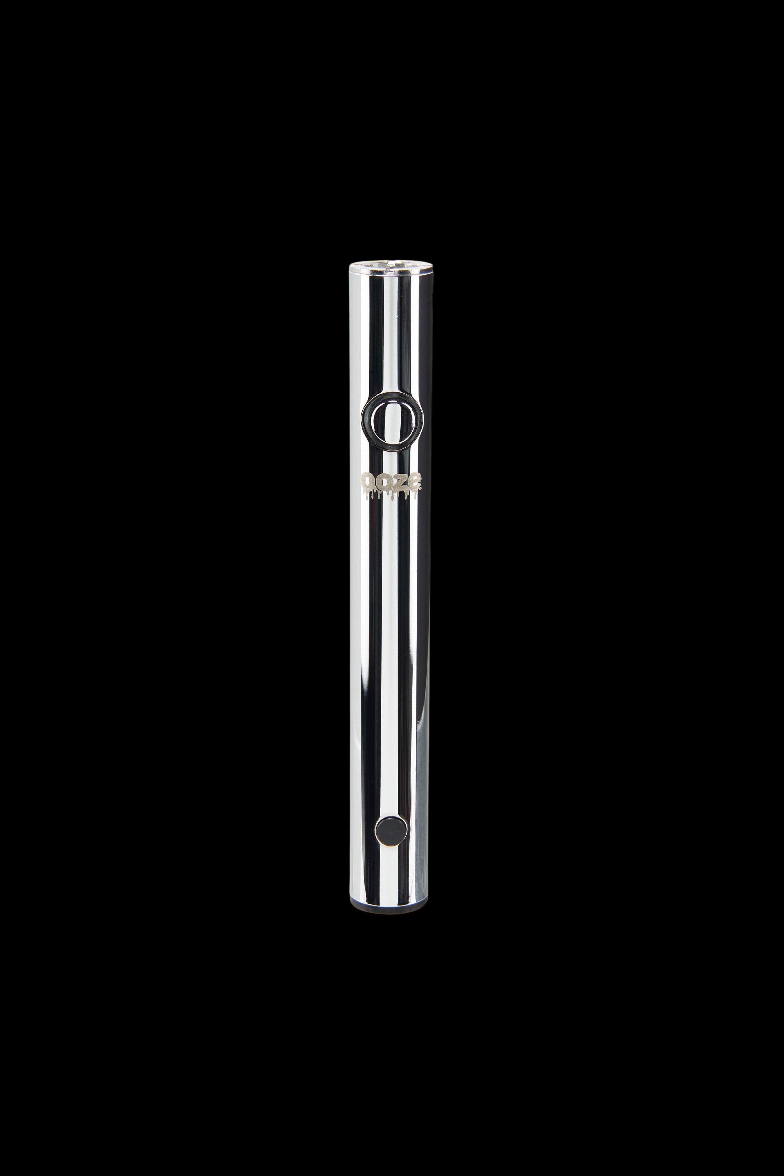 Sleek silver cannabis vape pen against a black background.