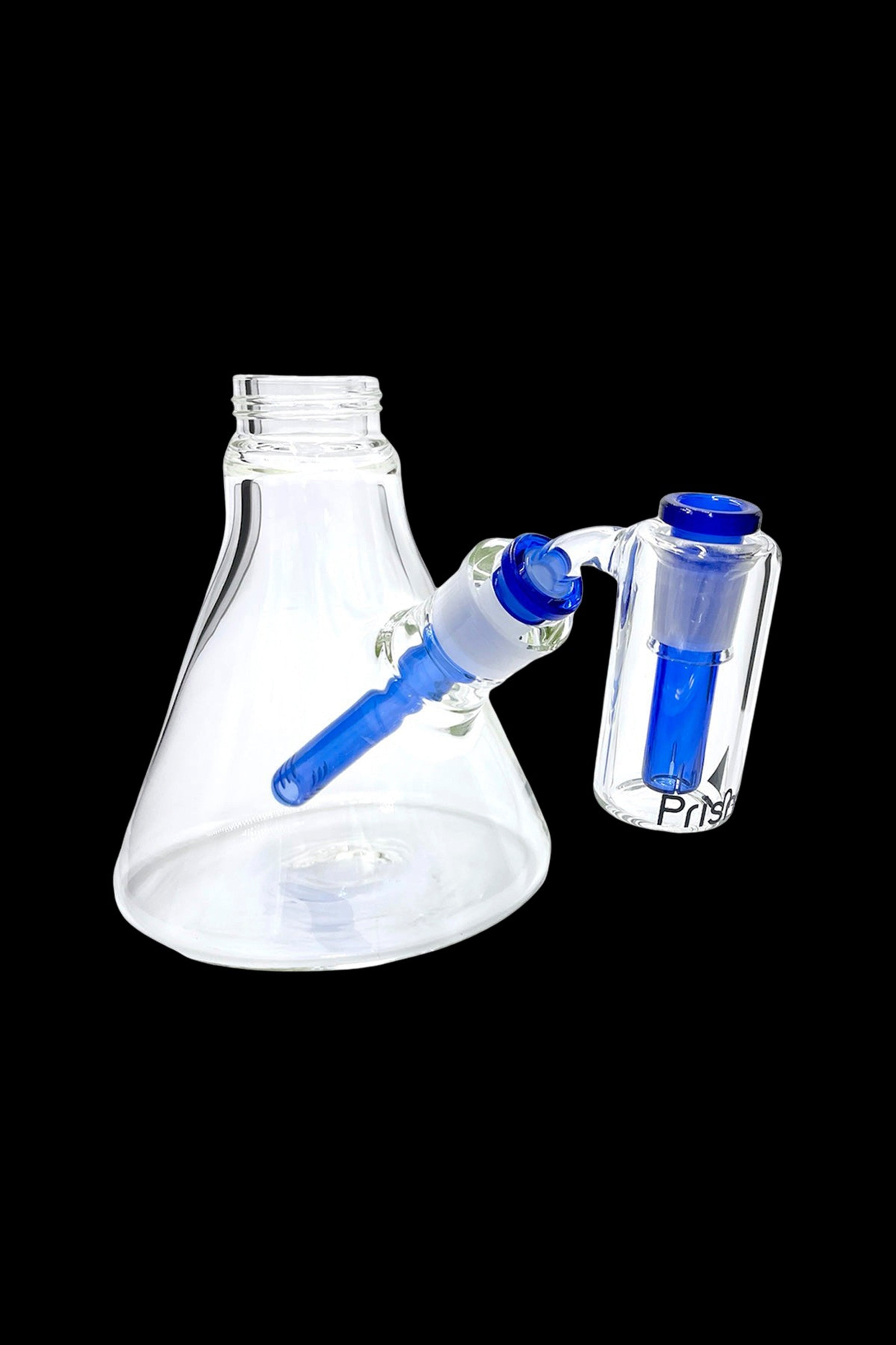 Clear glass water pipe with a blue glass downstem and separate percolator chamber.