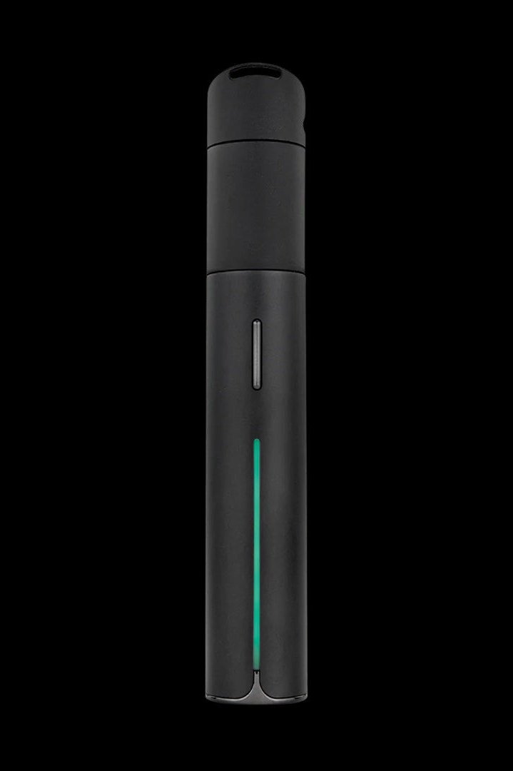 Front view of the Puffco Pivot Vaporizer, a sleek, black cylindrical device with a subtle metallic accent.