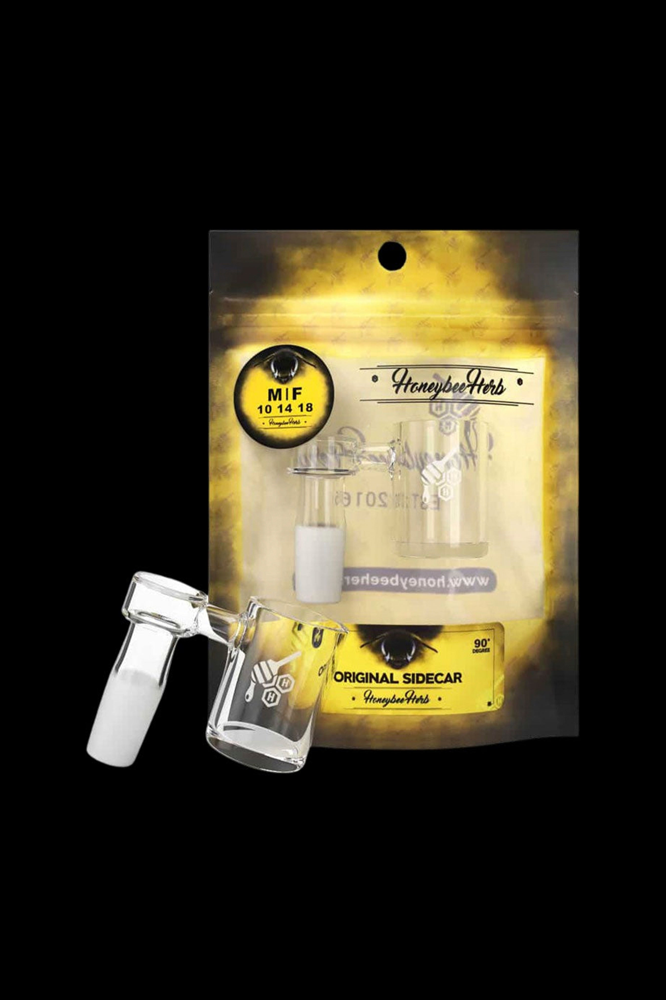 Cannabis accessory packaging featuring a glass oil rig and labeled “Honeybee Herbs.”