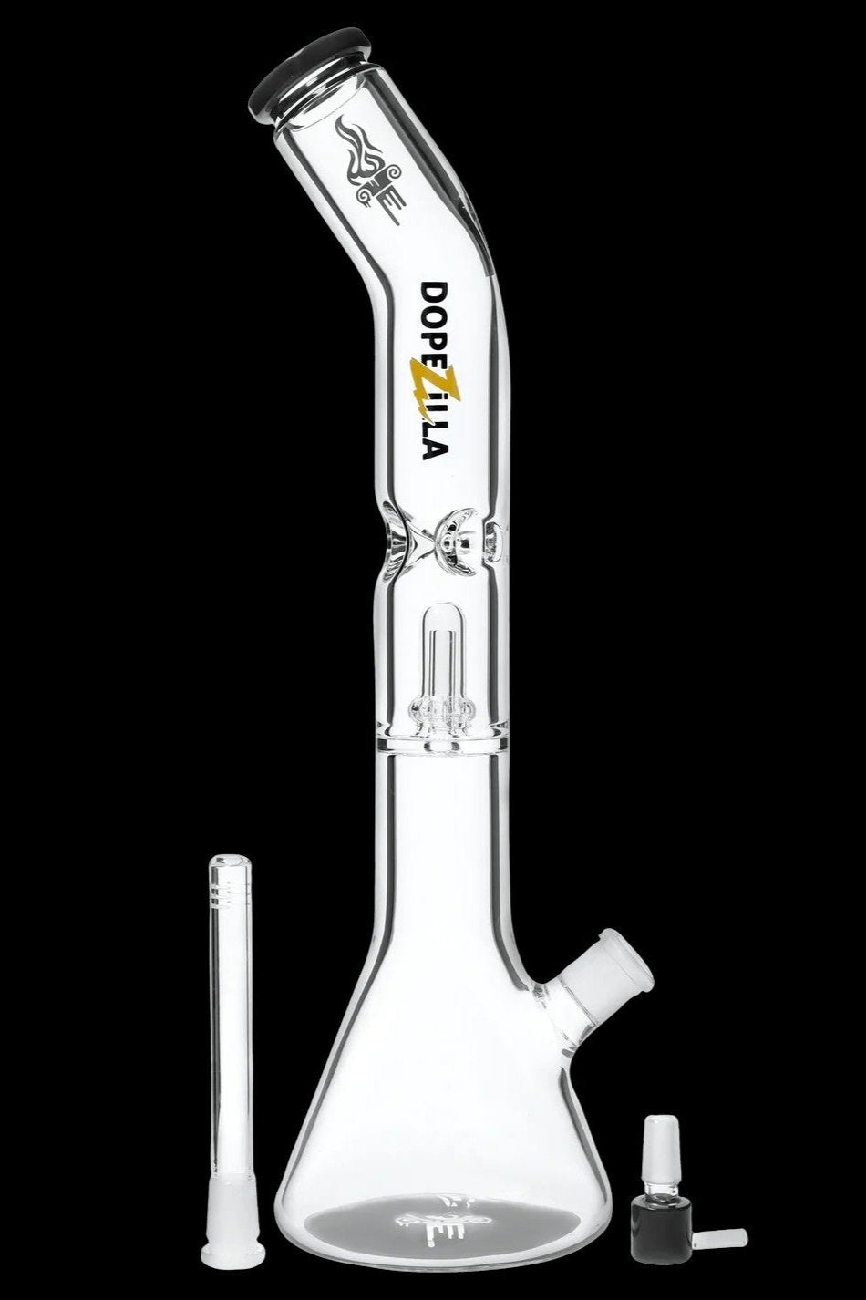 Angled studio shot of the clear Dopezilla Titans Promethus Bong against a black background, showing its beaker base and removable downstem.