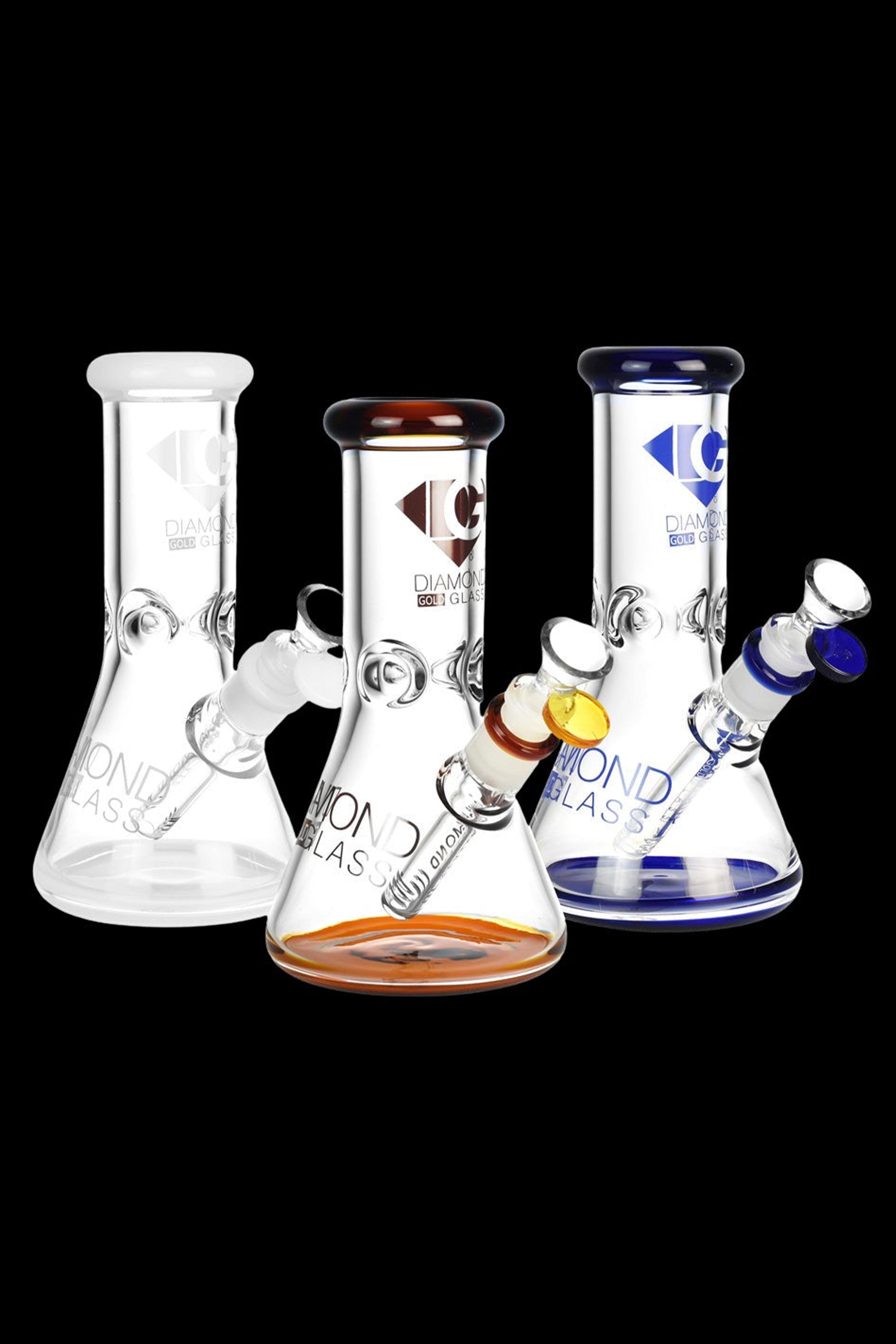 Three colorful glass water pipes (bongs) with ice catchers against a black background.