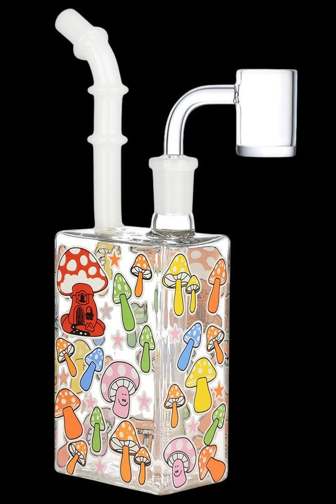 Glass water pipe decorated with colorful cartoon mushrooms.