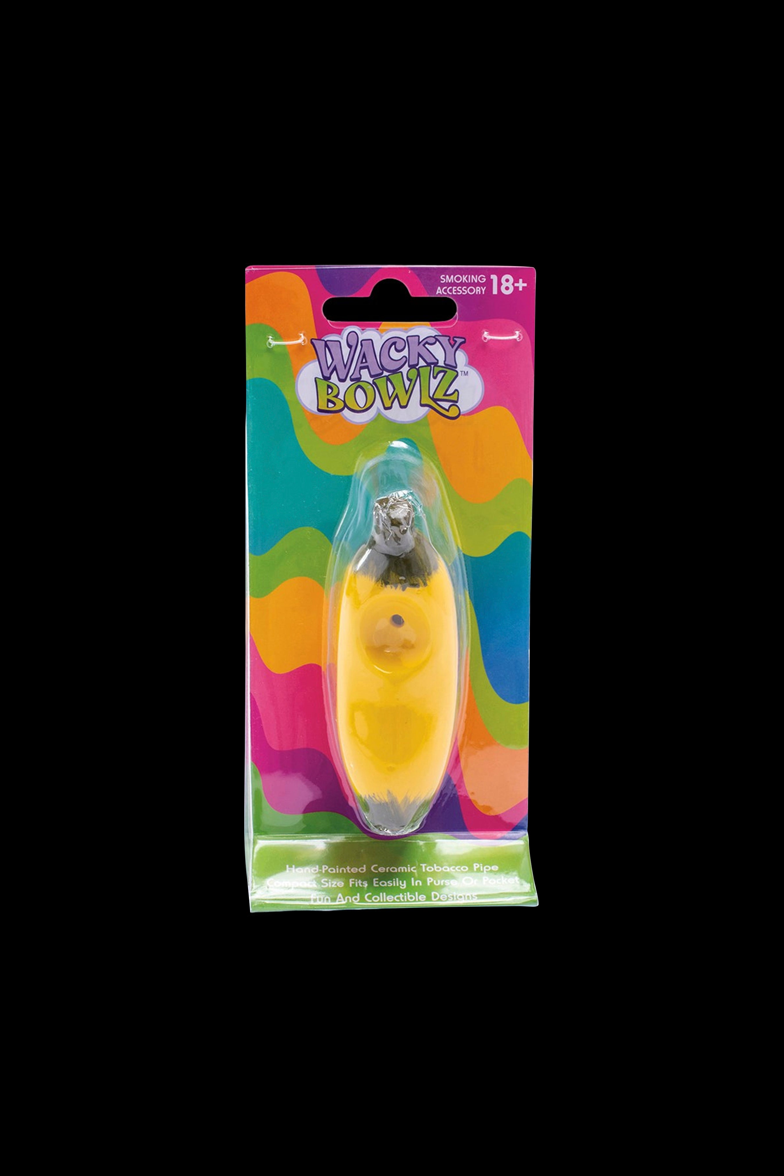 A brightly colored, hand-painted ceramic pipe marketed as a “Wacky Bowlz” smoking accessory, displayed on a blister card with an 18+ age restriction.