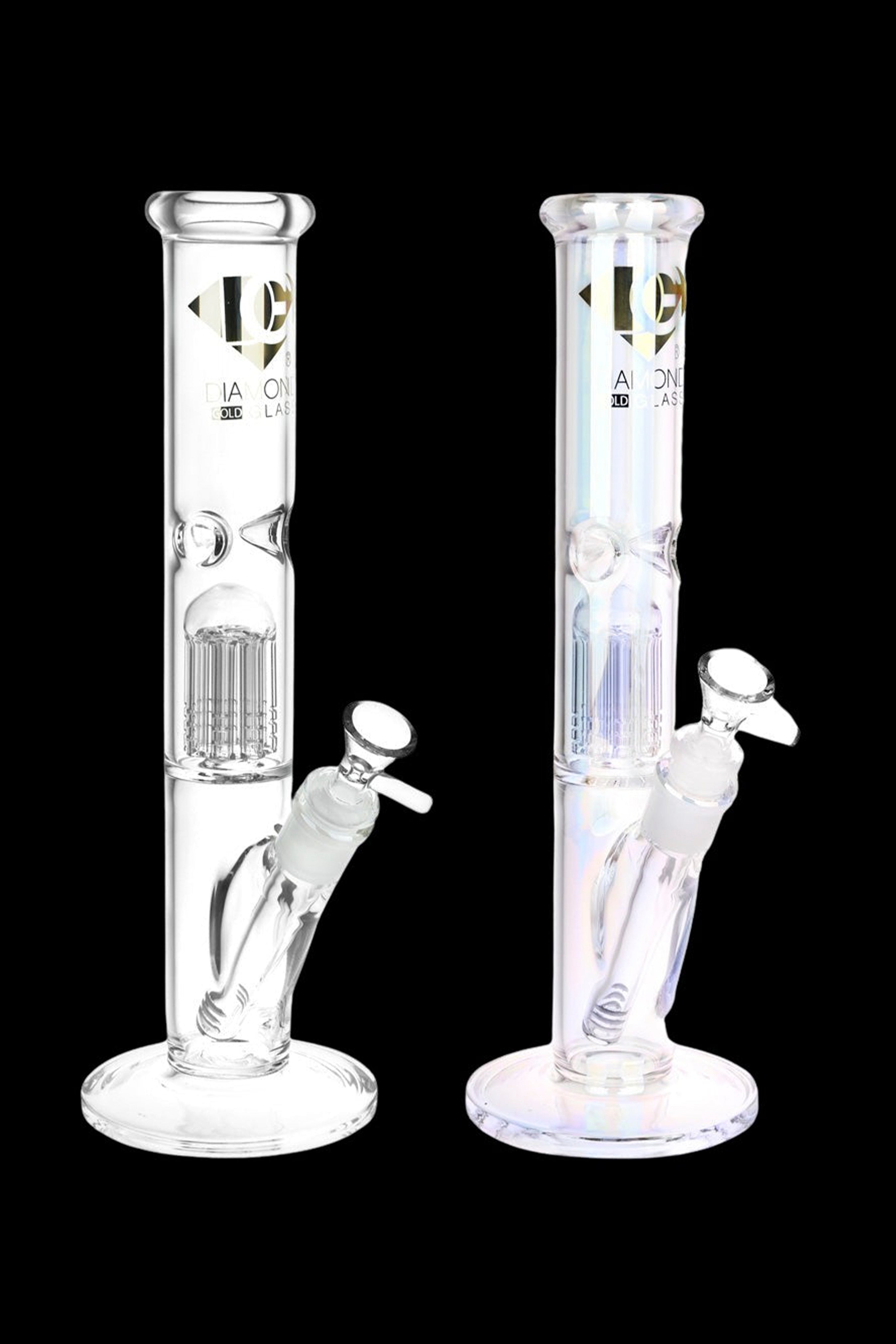 Two clear glass water pipes (bongs) with ice pinches and removable downstems, against a black background.