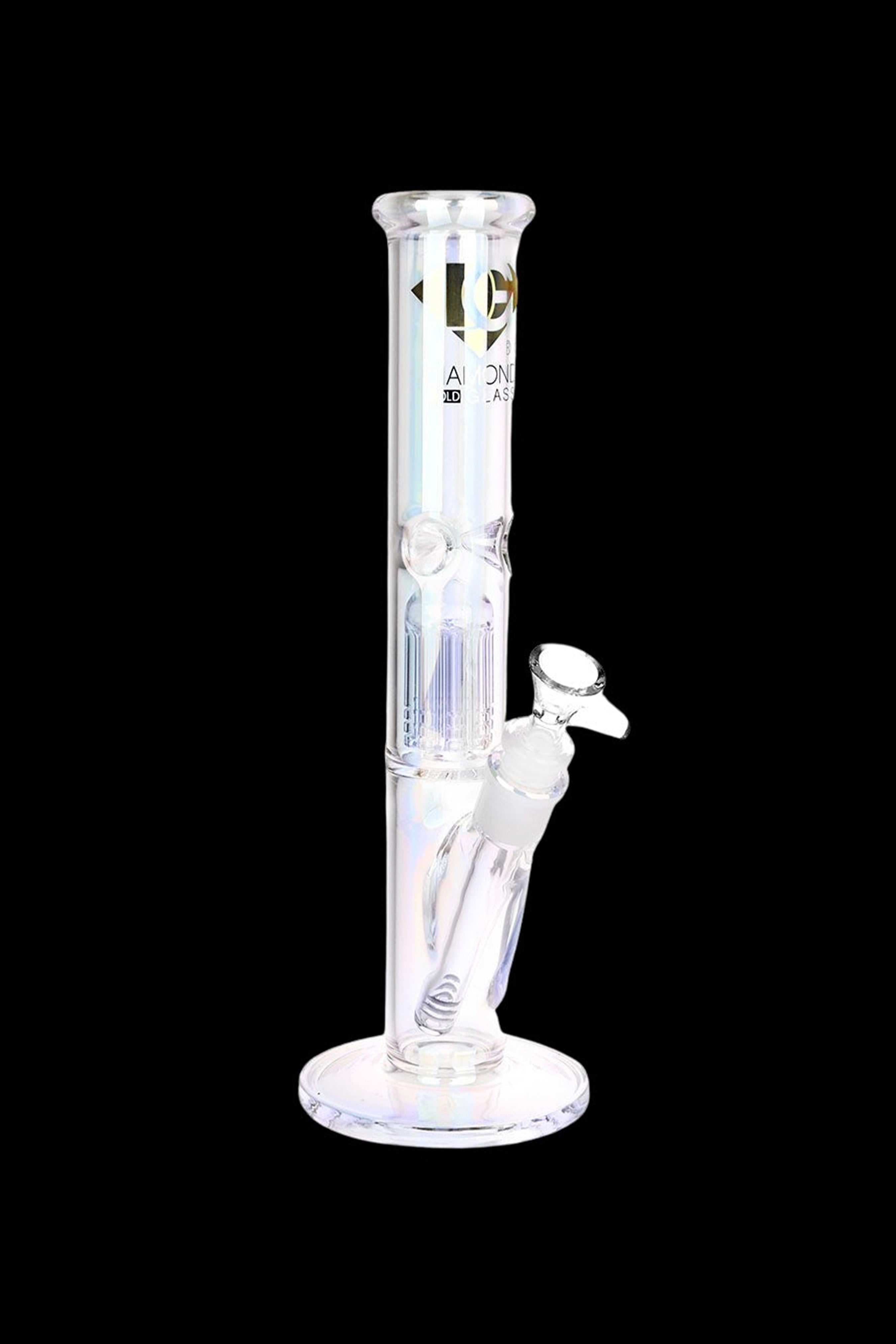 Clear glass water pipe (bong) with percolators, studio shot on a black background.