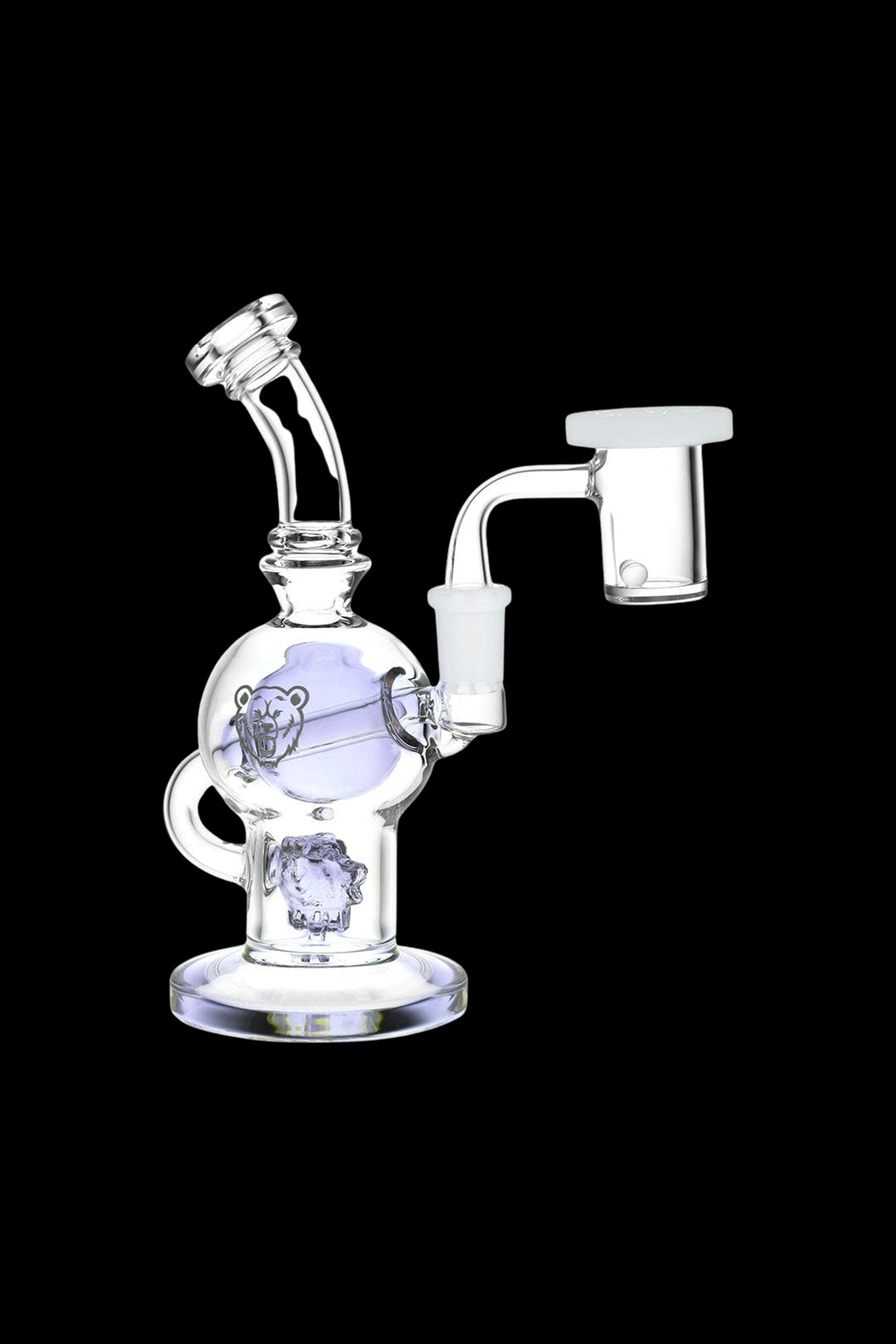 Clear glass dab rig with colorful bear-themed artwork and a quartz banger.