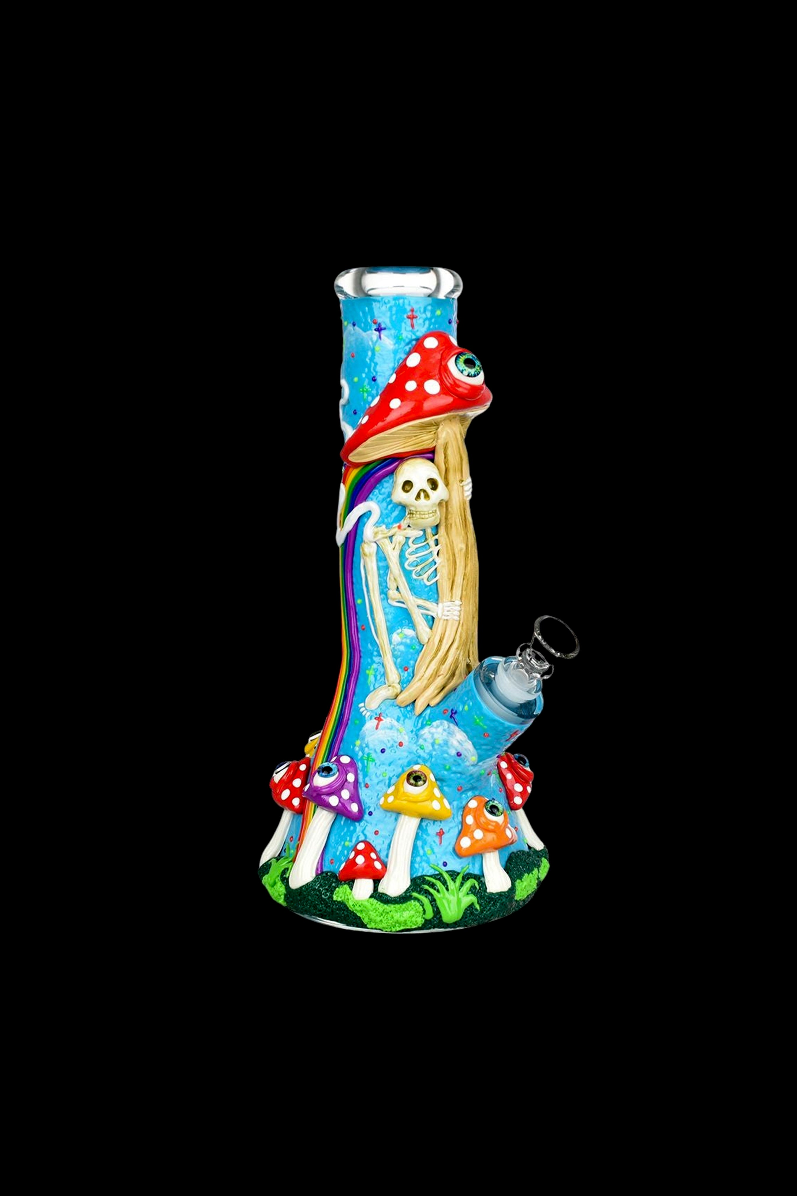 Colorful glass water pipe decorated with a skeleton, mushrooms, and rainbow details.