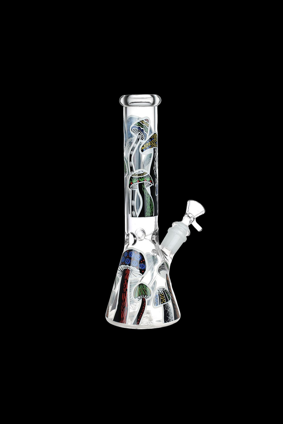 Glass bong with intricate black and white patterned design, featuring a clear glass mouthpiece and base, against a black background.