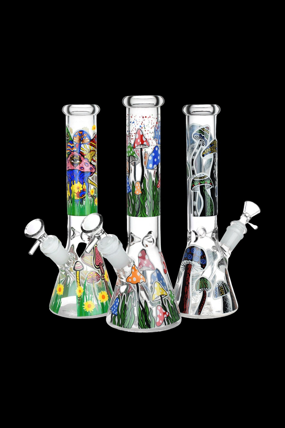 Three glass bongs with colorful mushroom-themed designs against a black background.