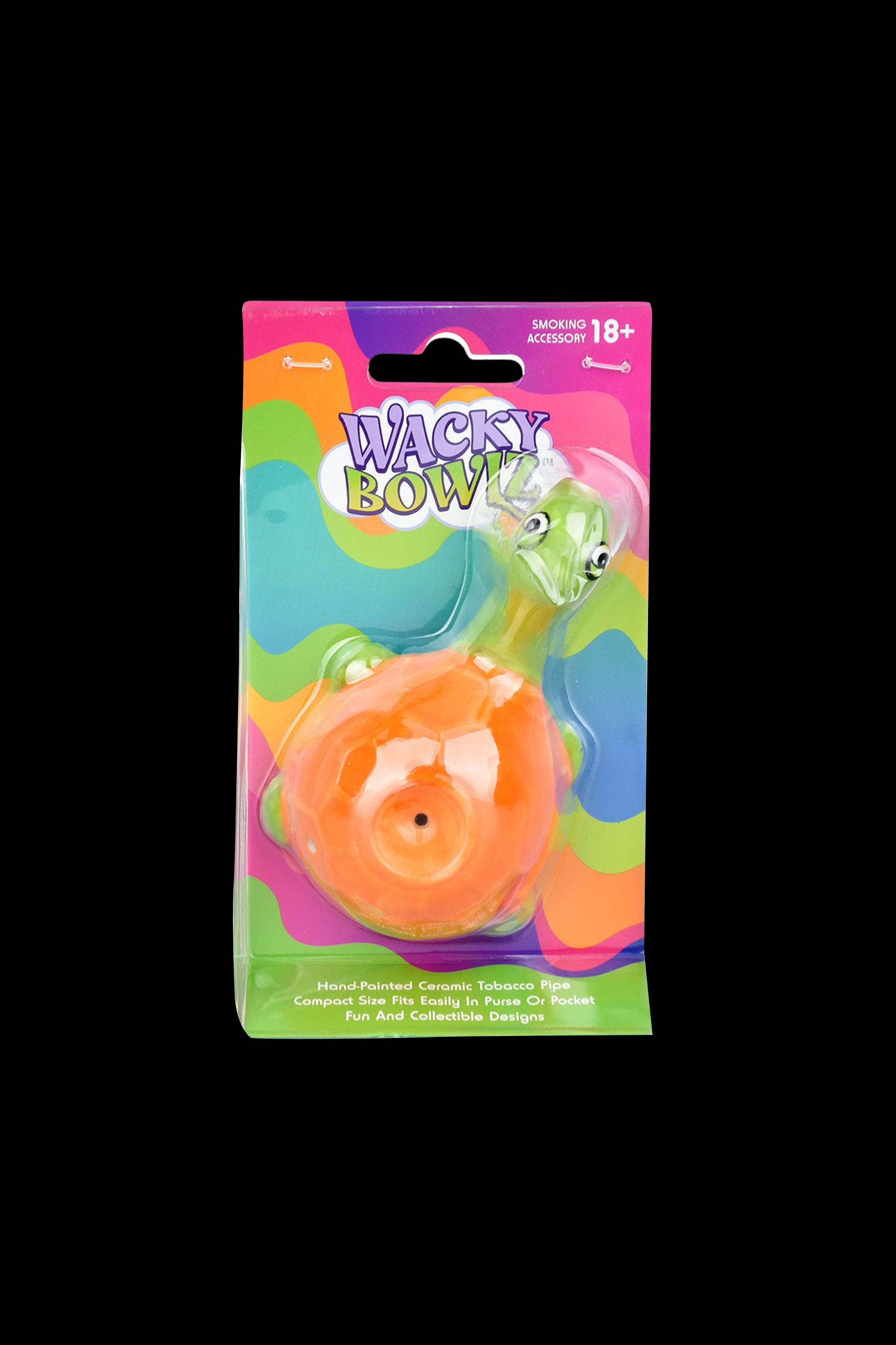 A packaged ceramic pipe shaped like an octopus, labeled “Wacky Bowl” with an 18+ smoking accessory warning.
