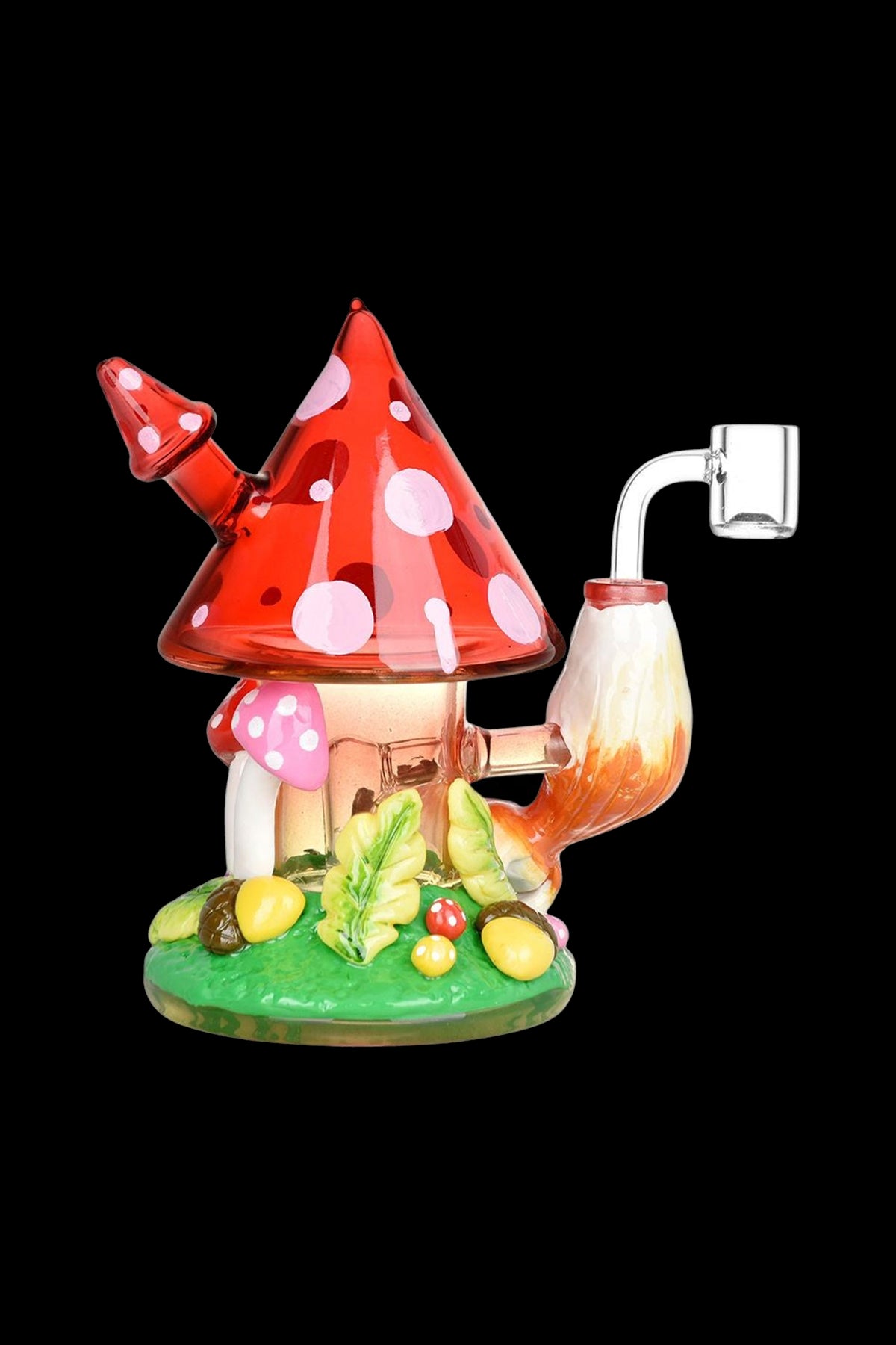 A colorful glass mushroom-shaped dab rig with a detailed base and accompanying dab tool.