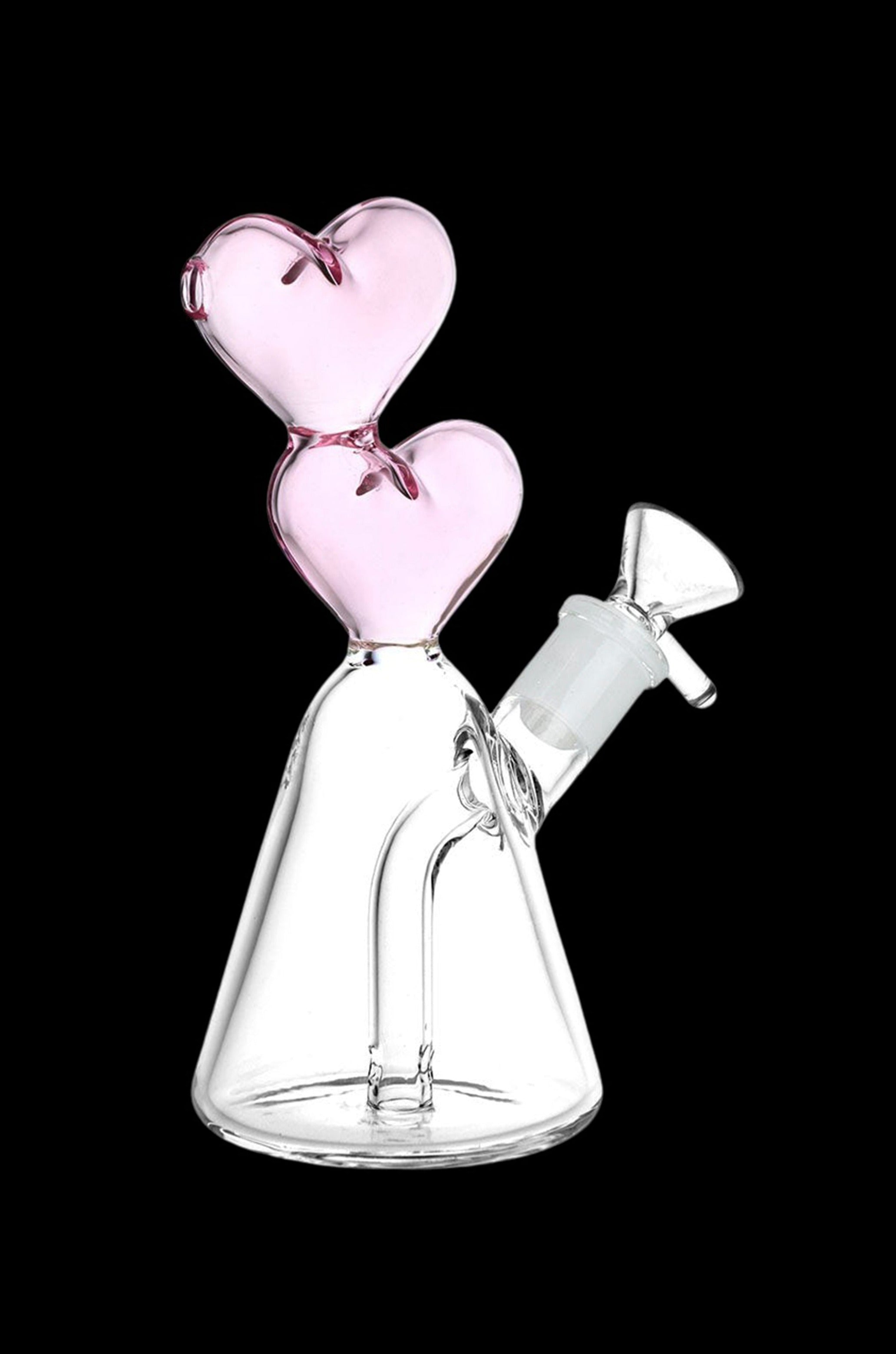 Pink and clear glass water pipe with stacked heart-shaped bubbles.