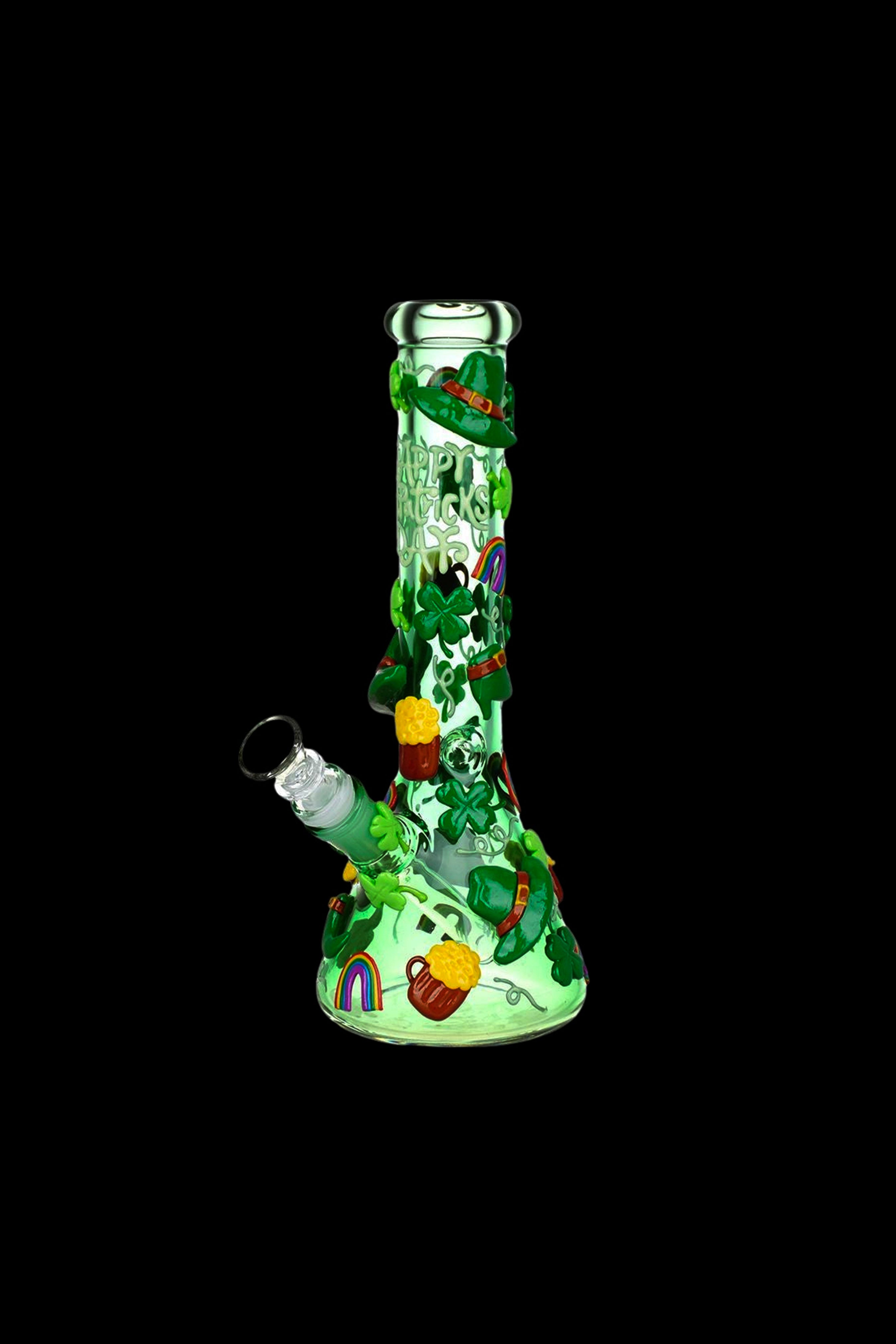 Green glass water pipe decorated with St. Patrick's Day themed imagery, including clovers, hats, and a pot of gold.