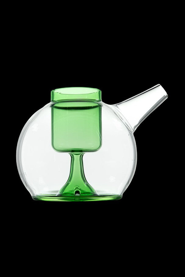 Green glass bubbler water pipe with spherical design.