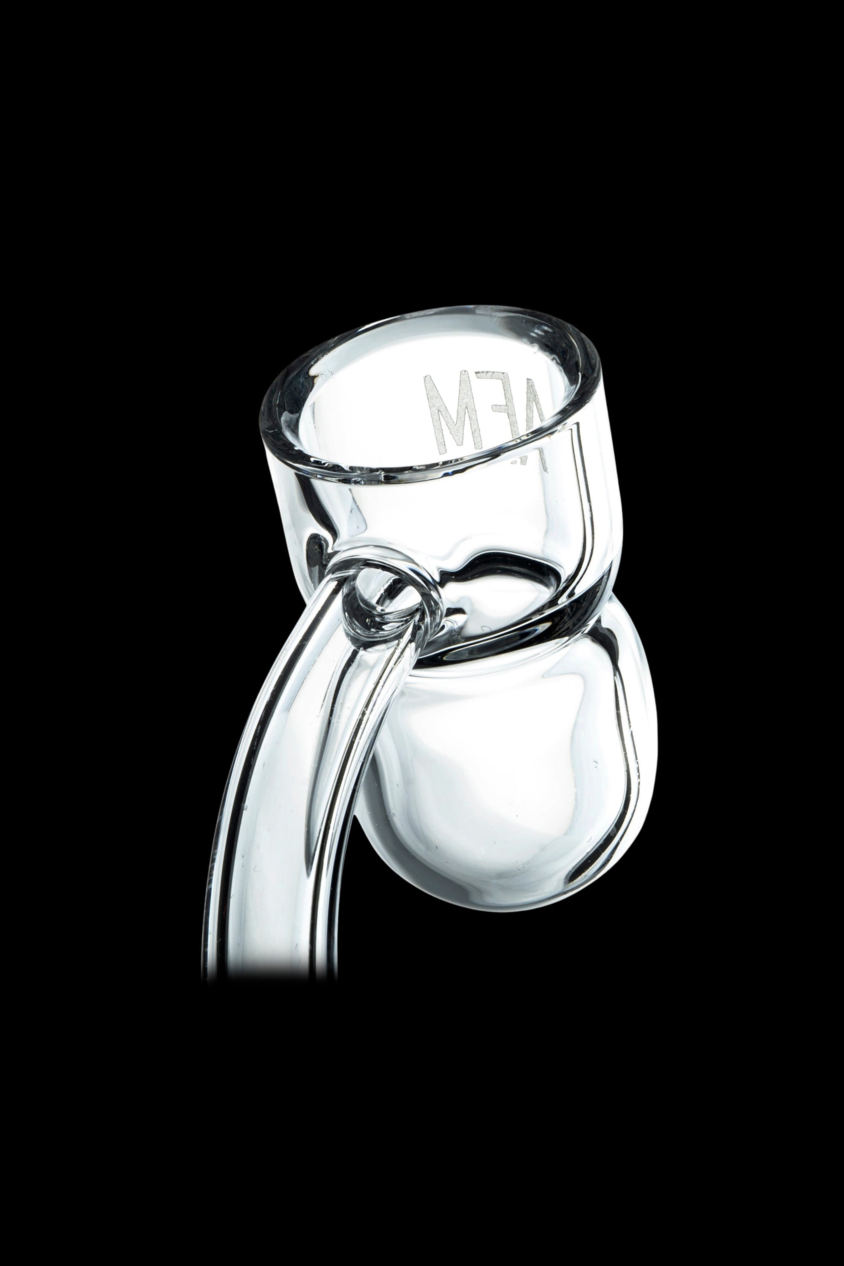 Clear glass dab rig bowl with etched logo.