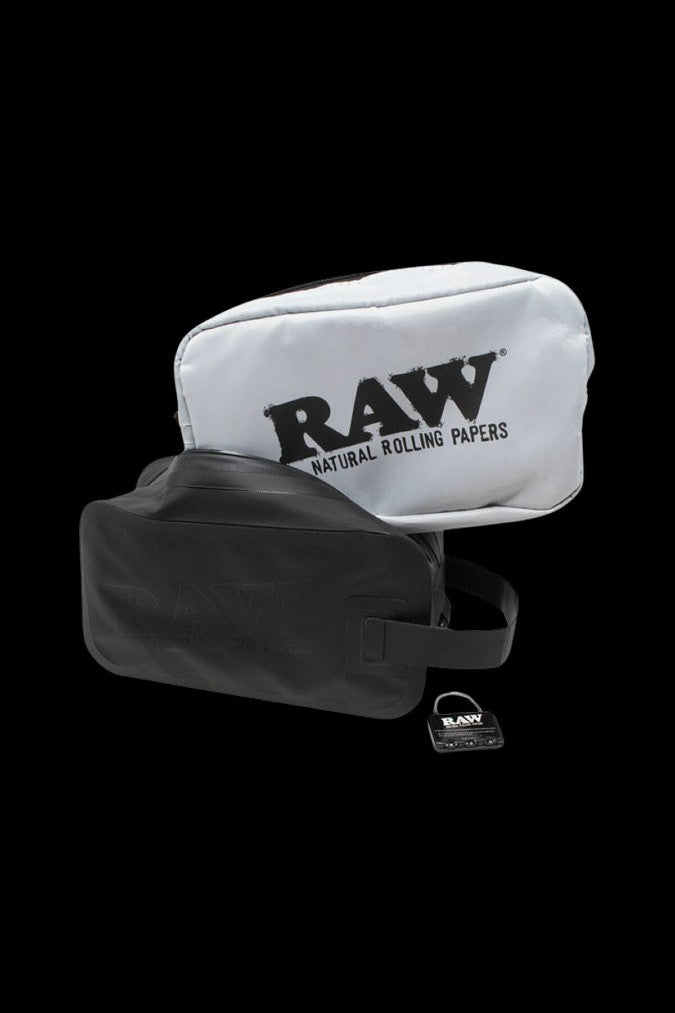 A black smell-proof bag with a “RAW Natural Rolling Papers” branded white pouch inside.