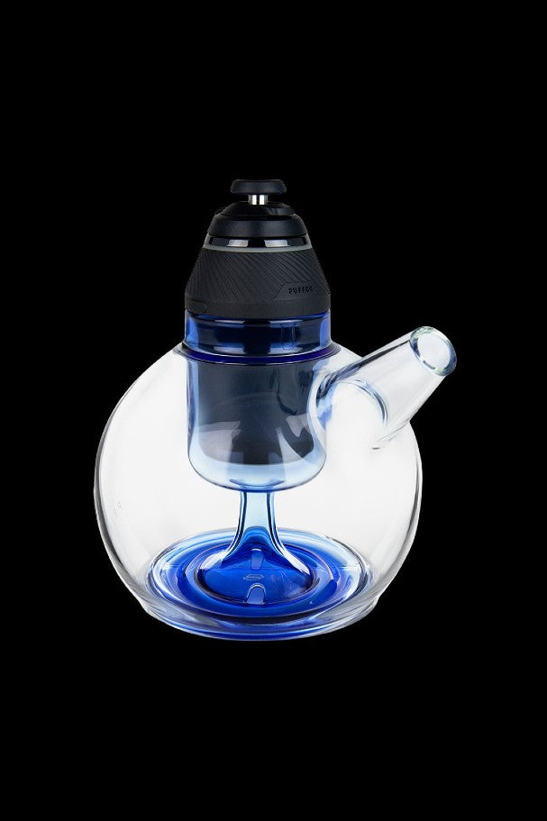 Clear glass water pipe with blue accents and a black silicone cap, against a black background.