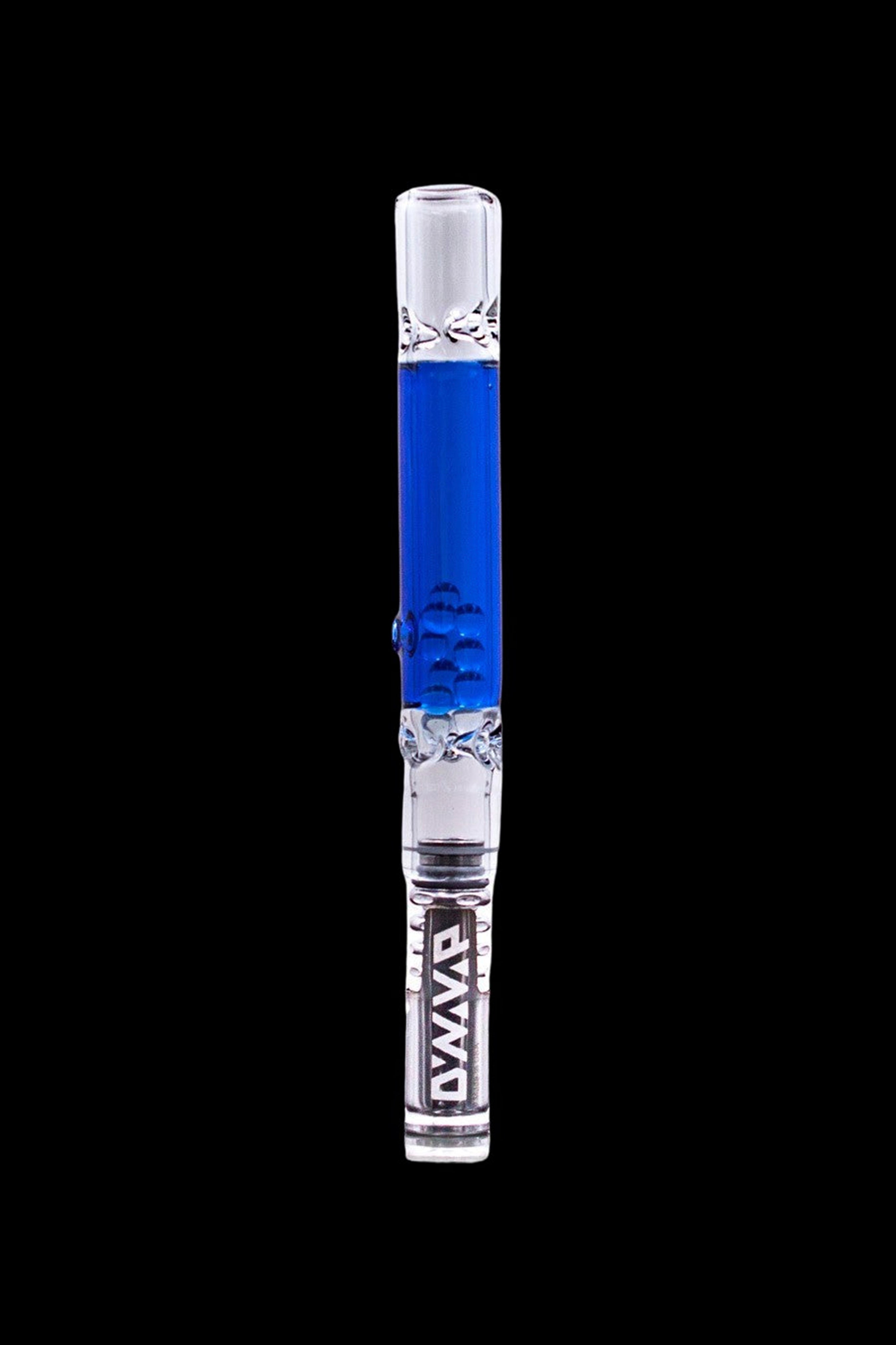 Blue glass cannabis oil burner pipe with etched design.