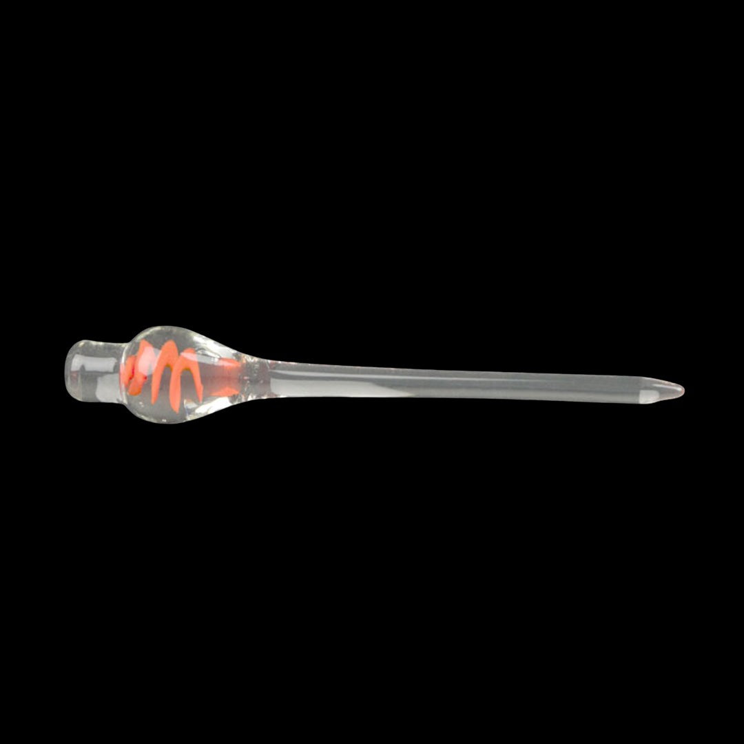Glass oil rig dab tool with orange and white swirls.