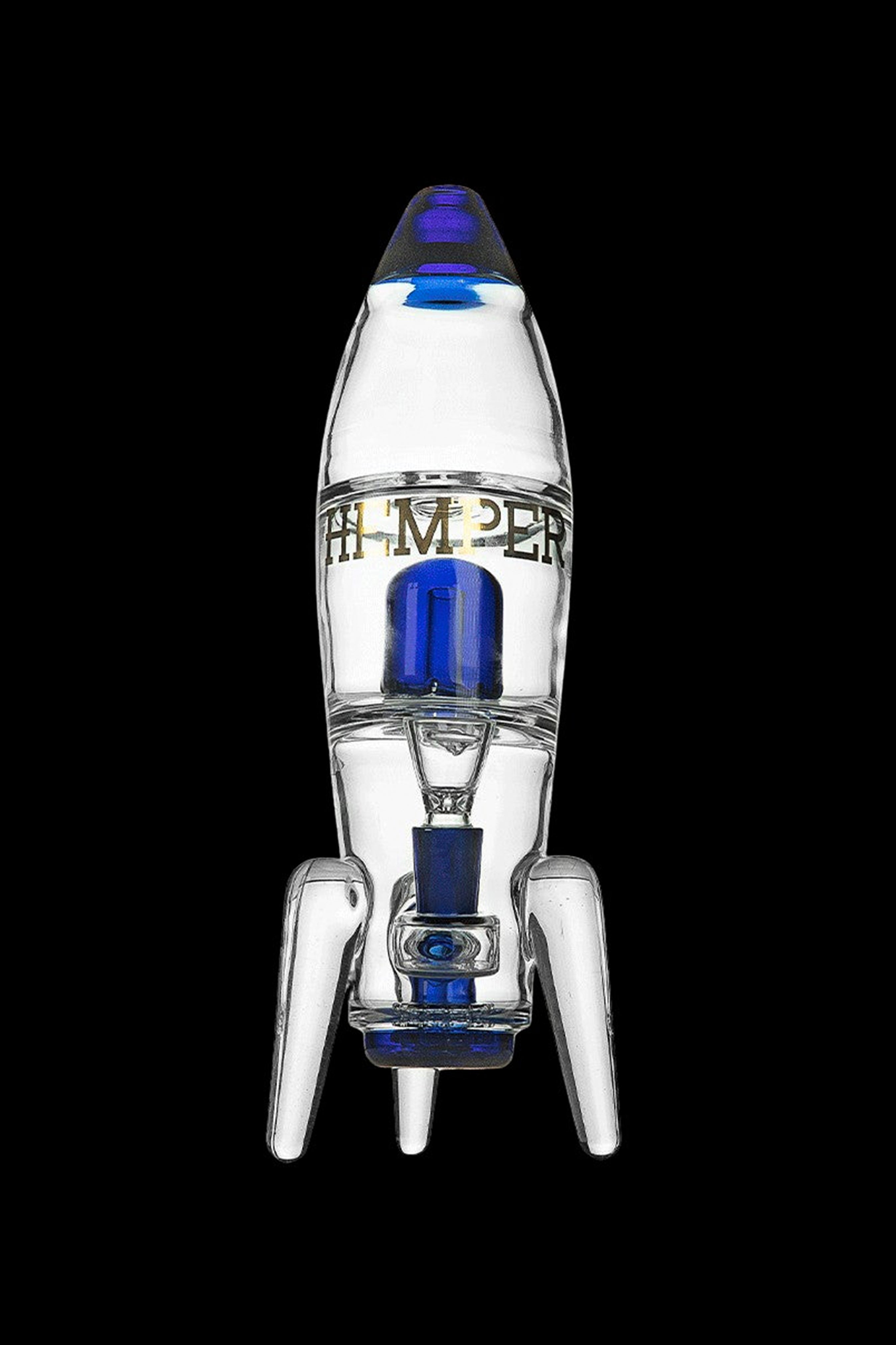 Glass rocket ship water pipe with blue accents, against a black background.