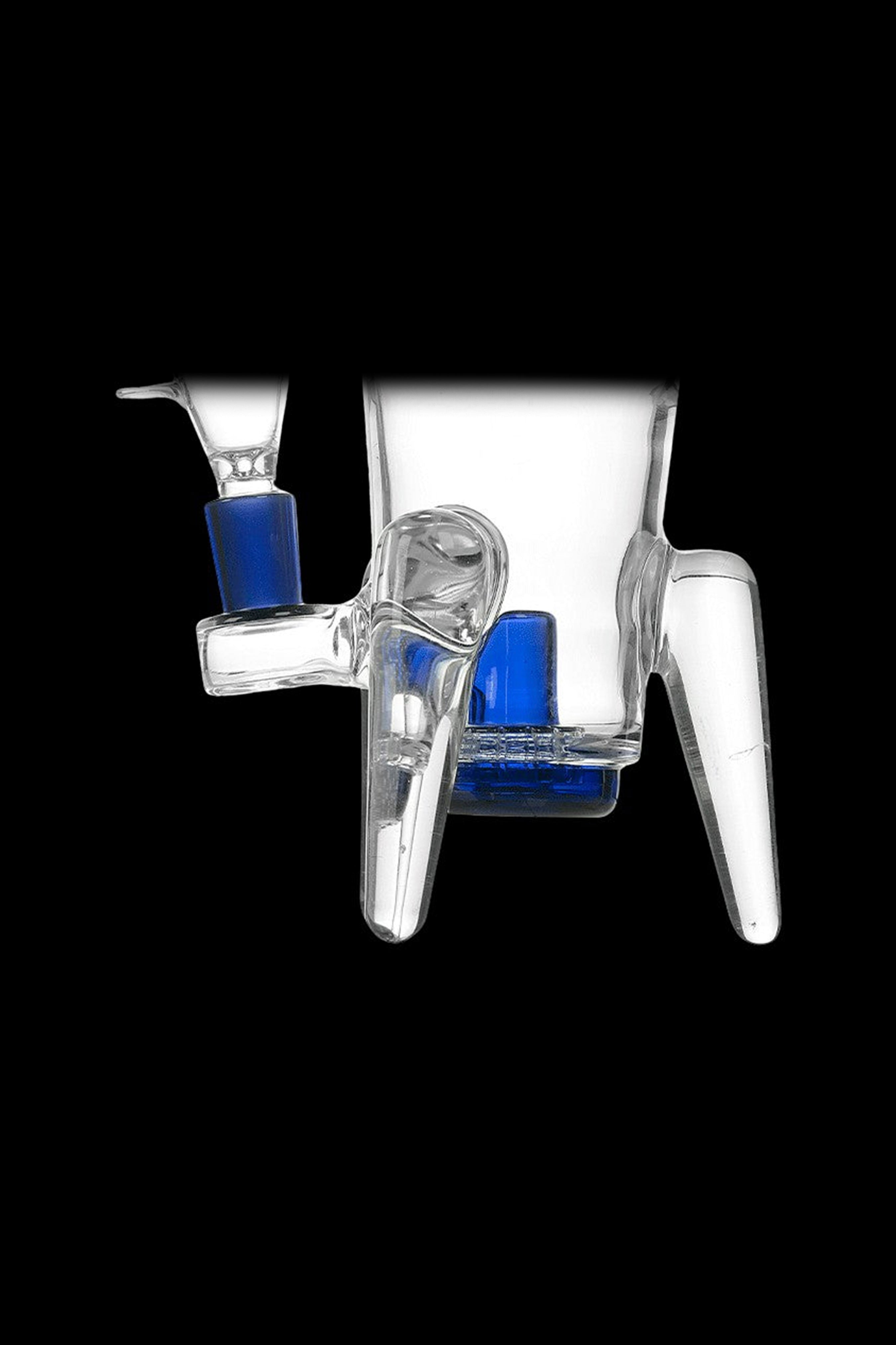 Clear glass cannabis water pipe attachment with blue accents.