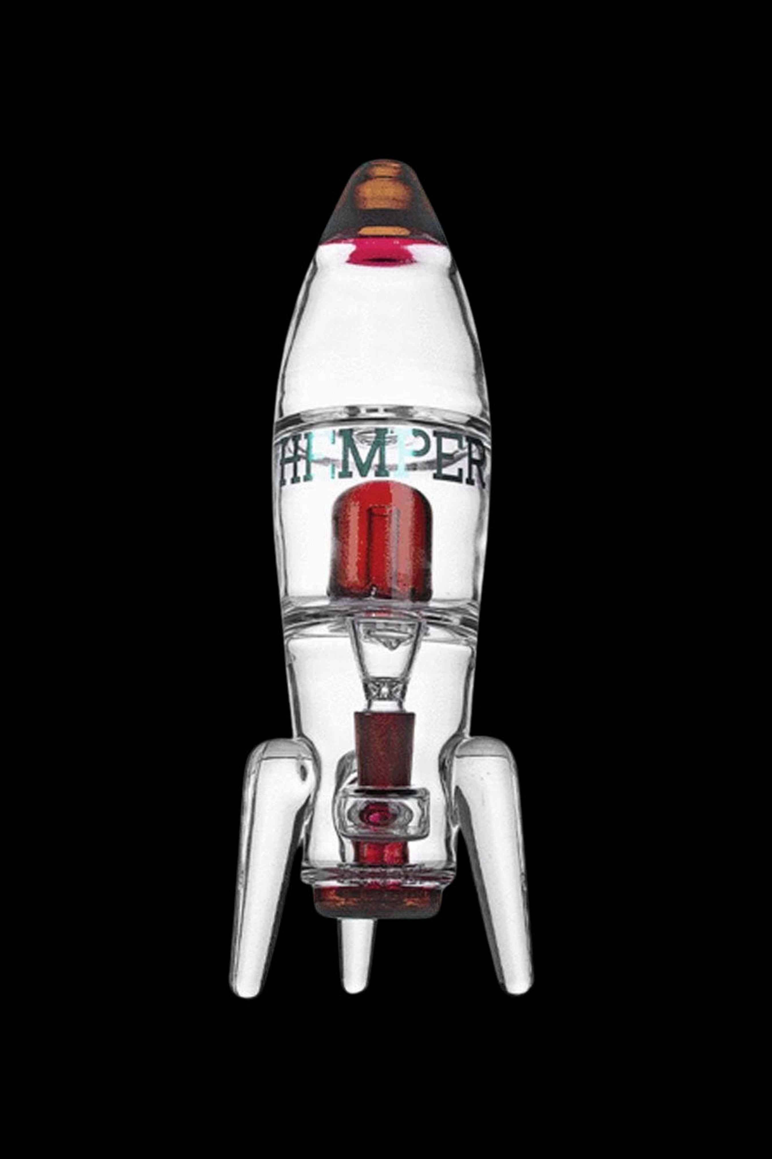 Glass rocket ship water pipe with red accents against a black background.