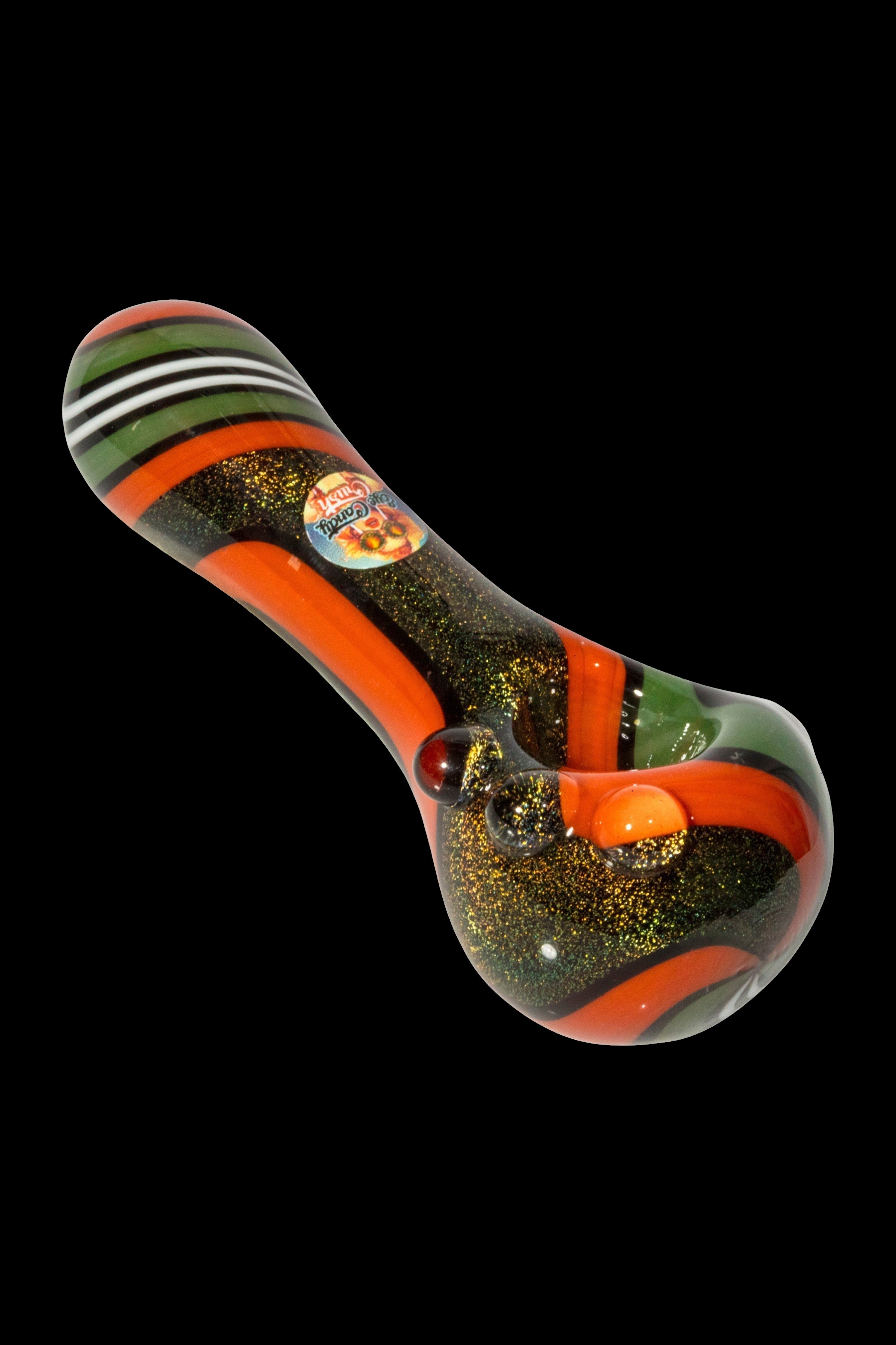 Red, green, and black striped glass pipe for cannabis use.