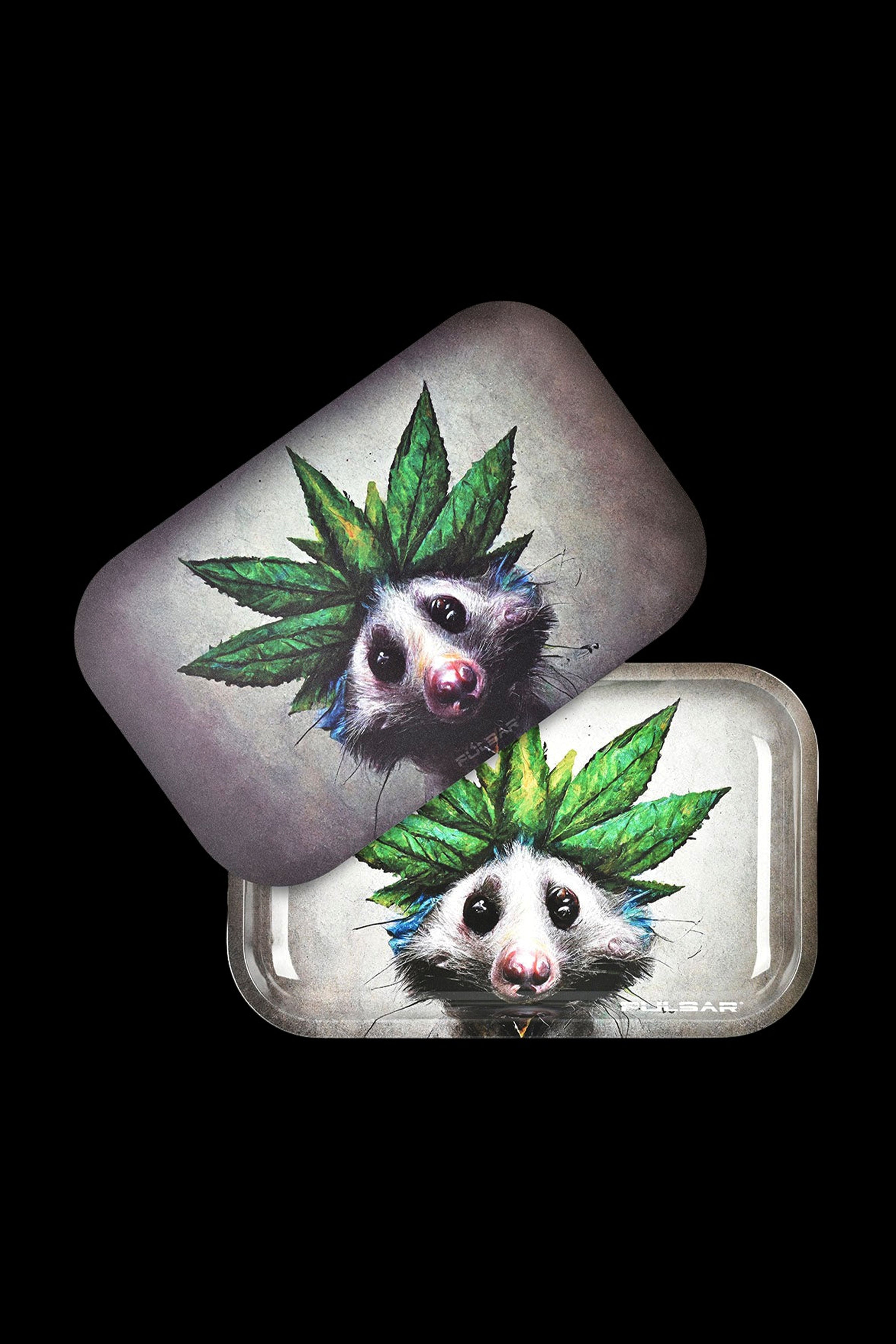 Metal rolling tray with a photorealistic painting of a hedgehog with cannabis leaves for quills, closed and open views."