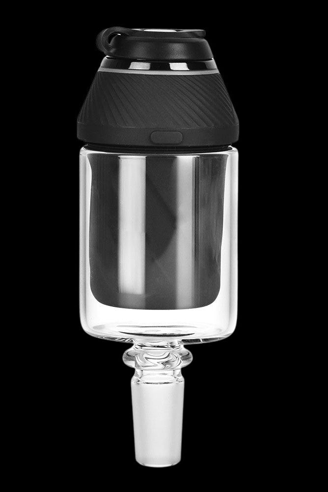 Glass bubbler with black silicone cap for cannabis use.