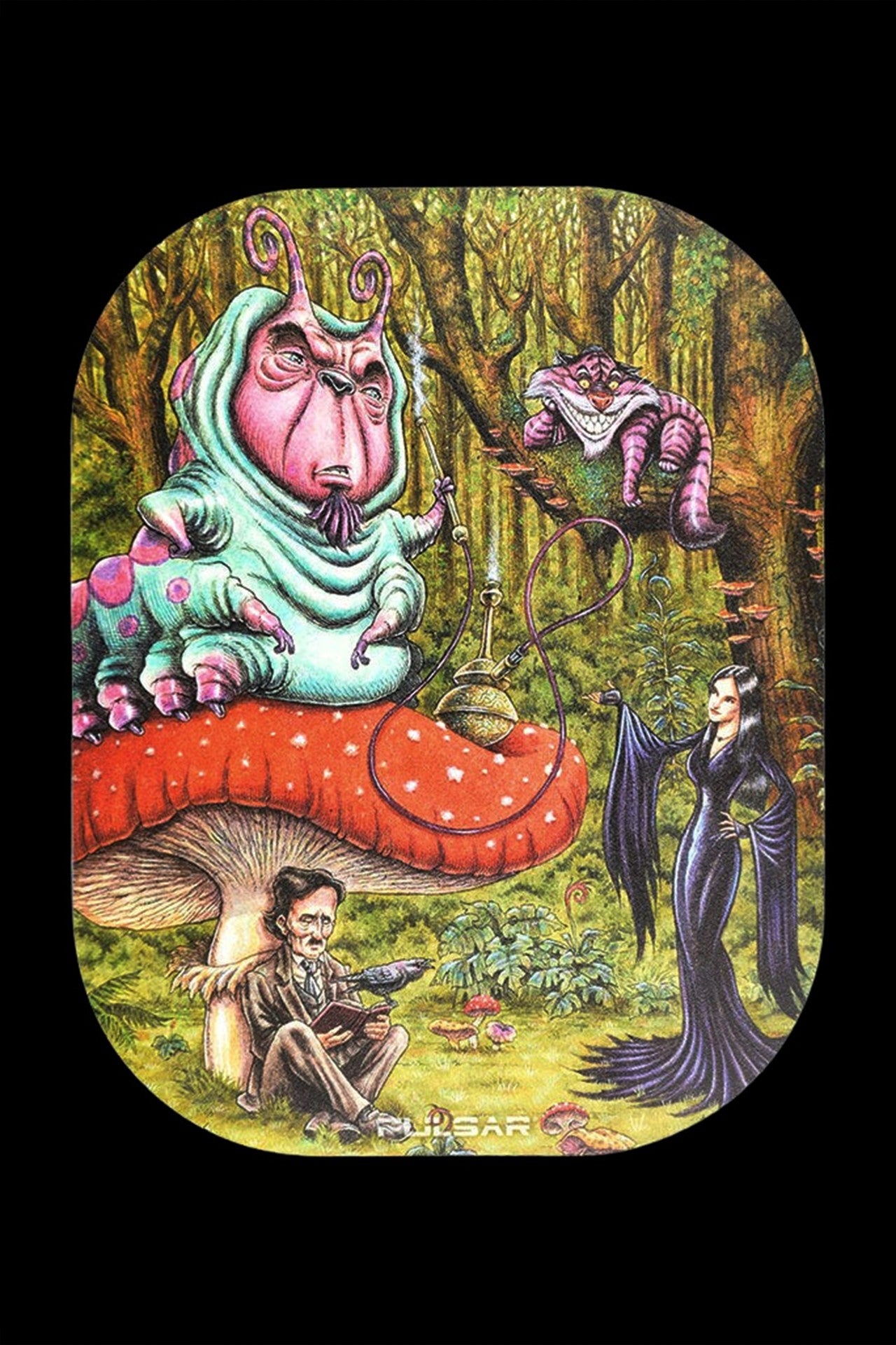 A colorful, psychedelic illustration inspired by *Alice in Wonderland* depicts the Caterpillar smoking a hookah, with characters like the Cheshire Cat and the Queen of Hearts nearby, suggesting a cannabis-themed design for a rolling tray or similar accessory."