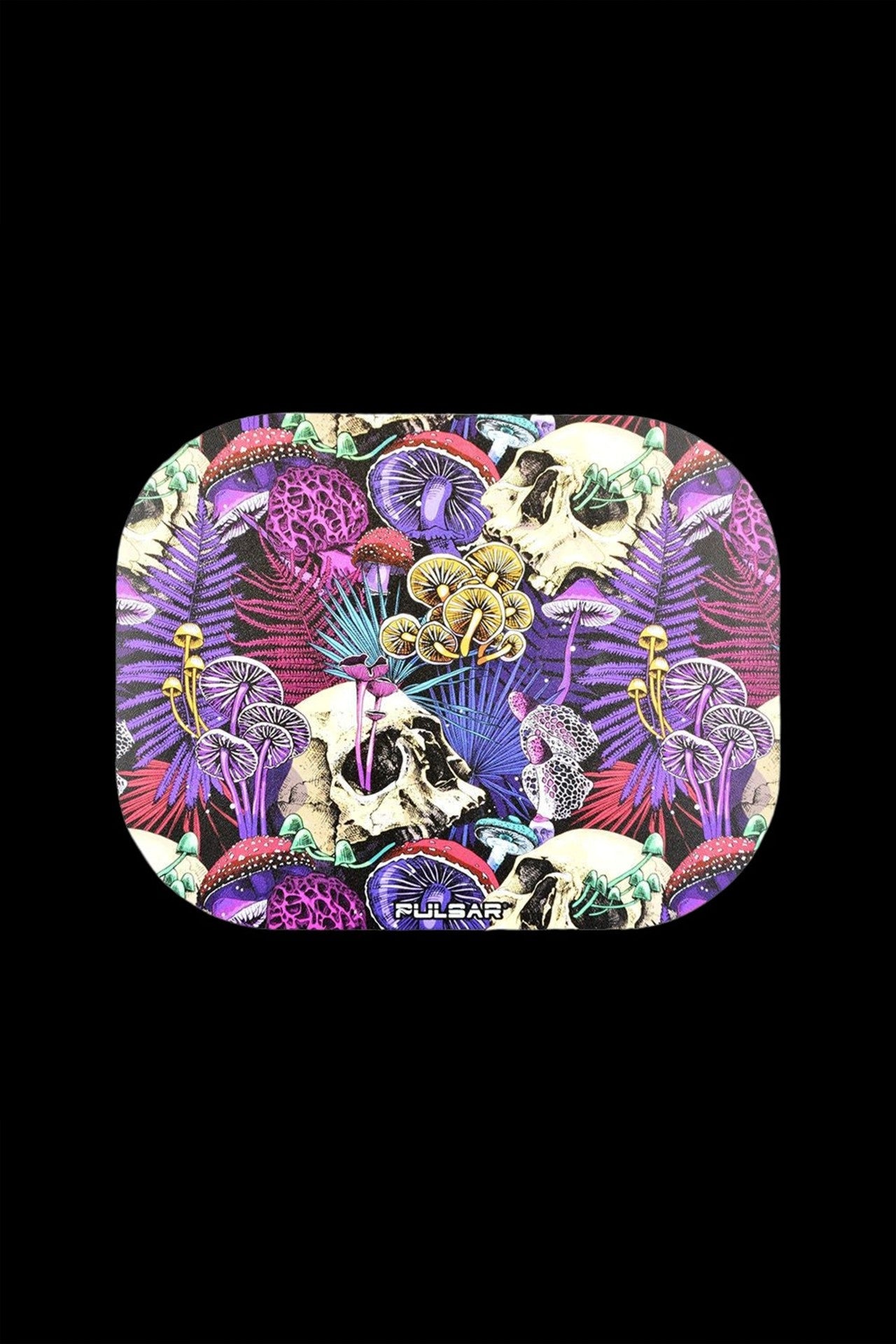 A square cannabis tray featuring a vibrant, psychedelic design with skulls and colorful mushrooms, branded "Pulsar."