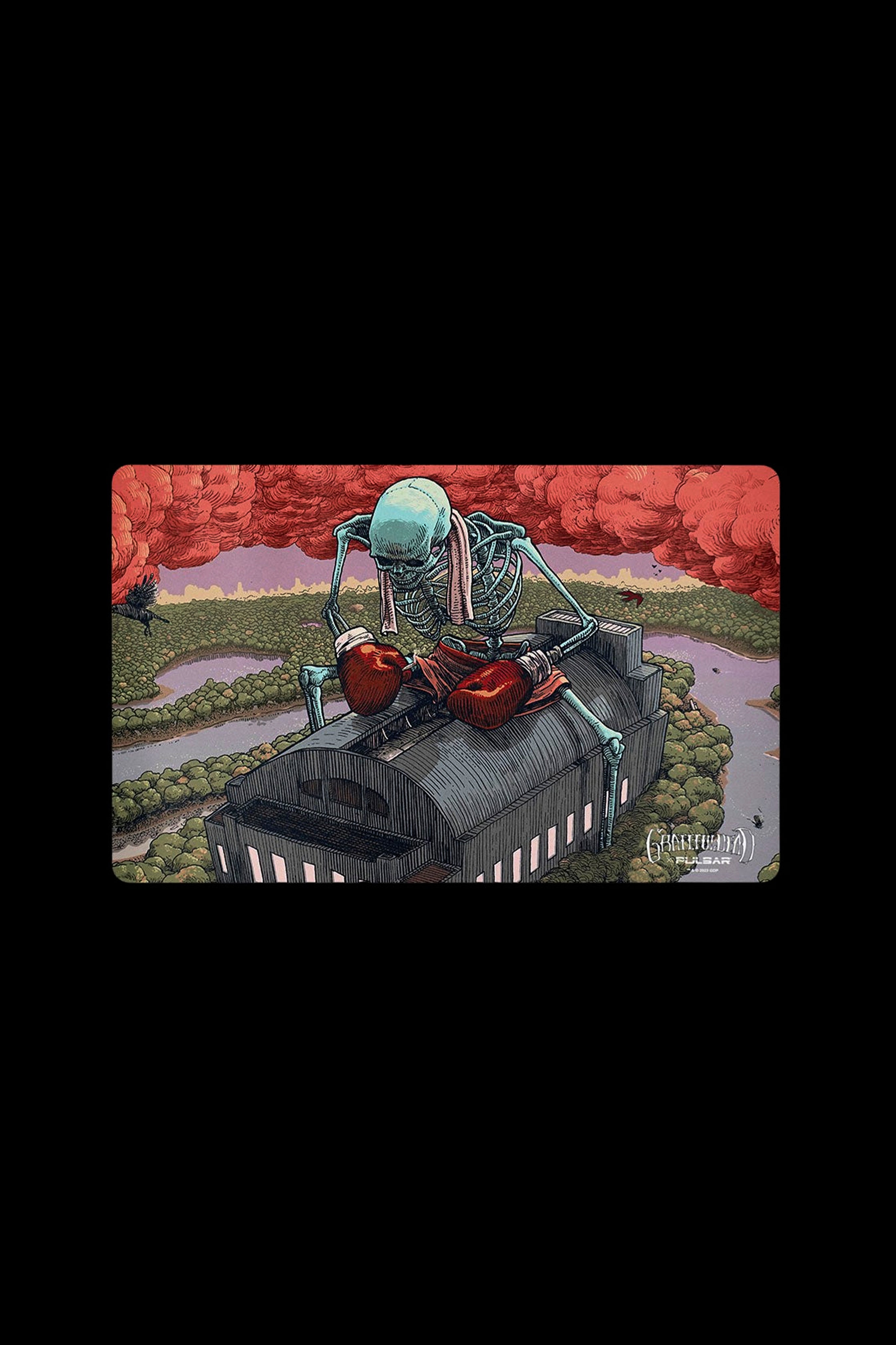 Retro-style illustration of a robotic skeleton seated on a large cannabis bud, overlooking a smoky landscape, with “GASOLIDIA” text at the bottom.