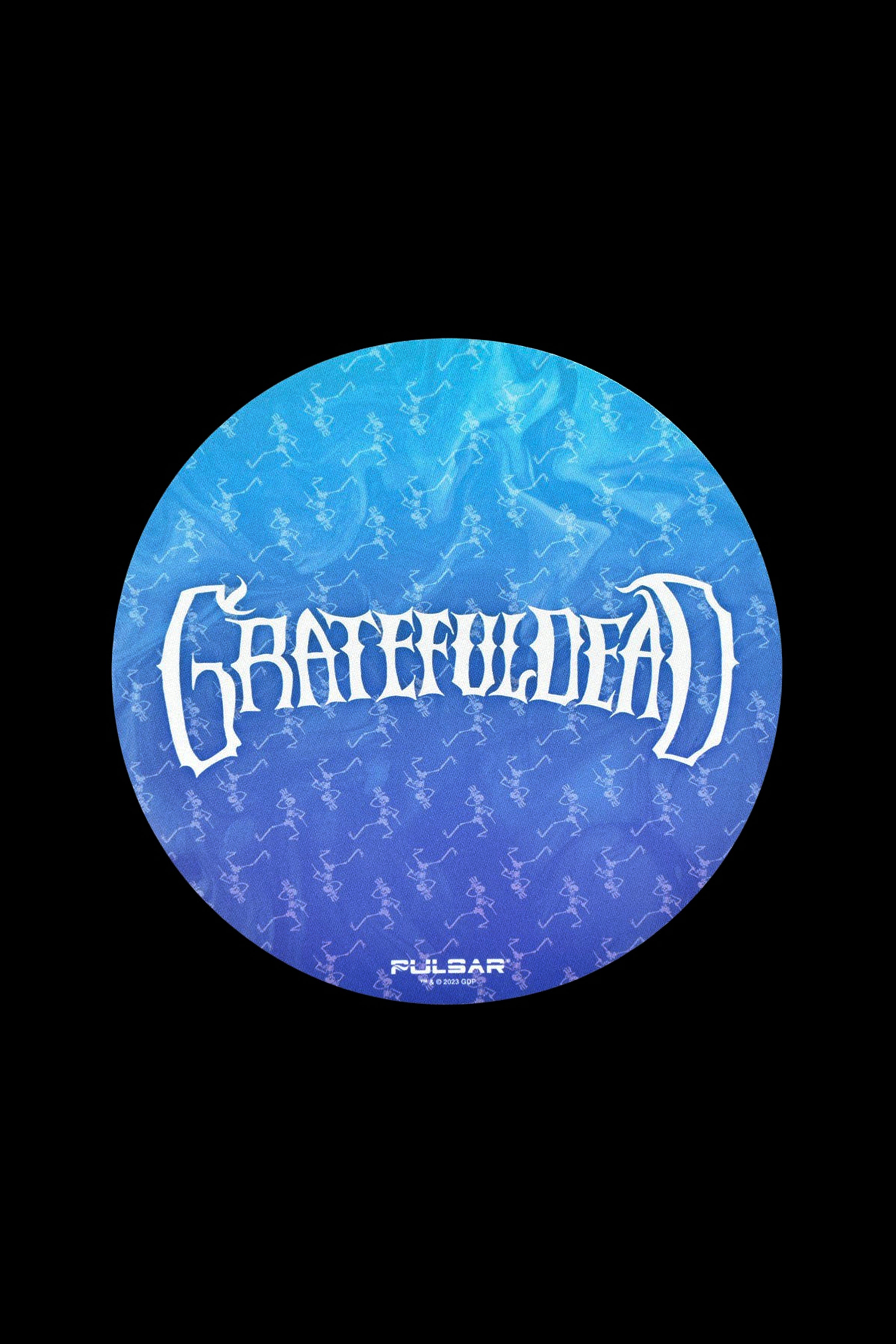 Blue cannabis accessory lid featuring “Grateful Dead” dancing bears and the Pulsar logo.
