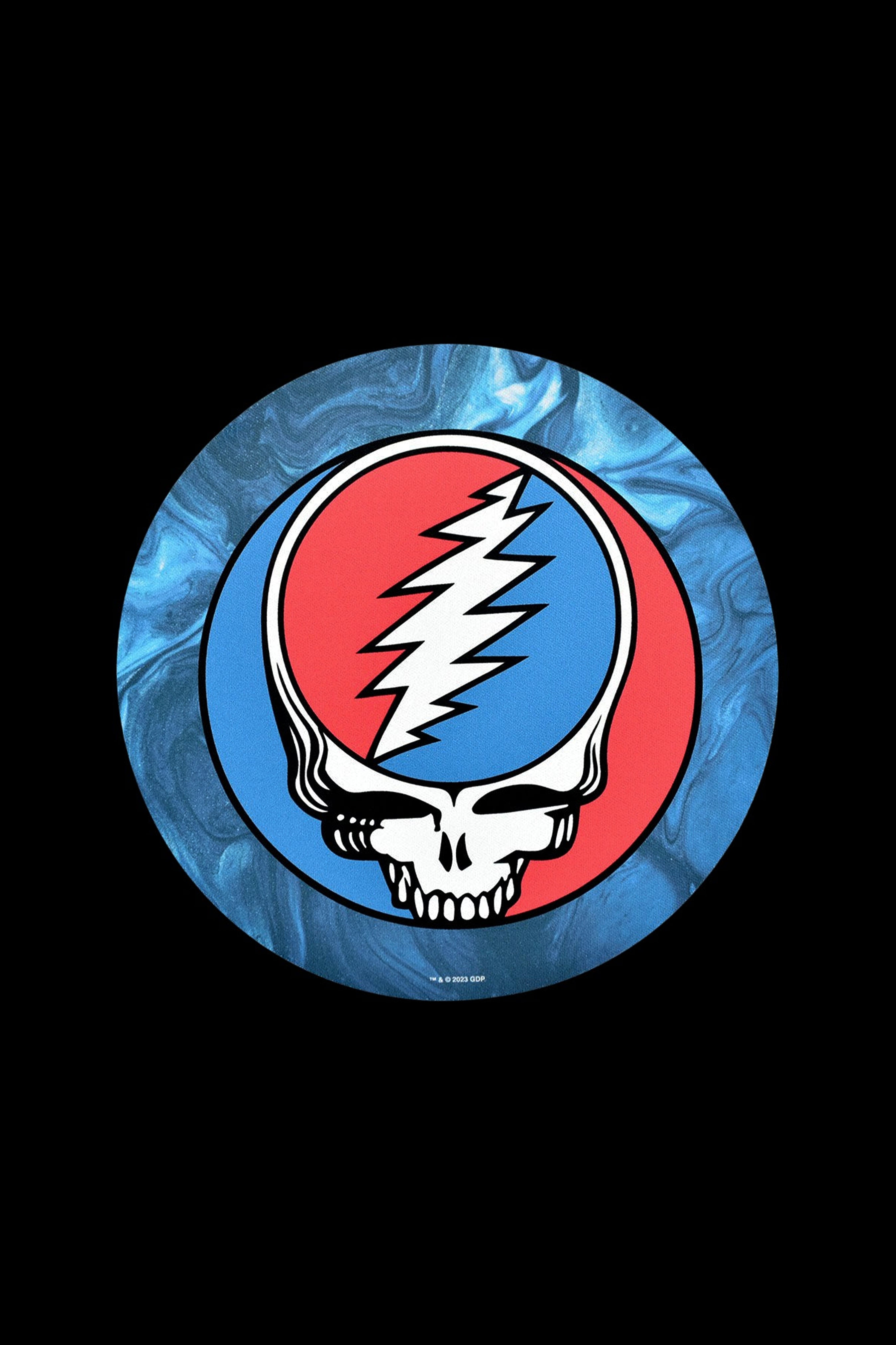 Grateful Dead Steal Your Face sticker with a blue marble background.