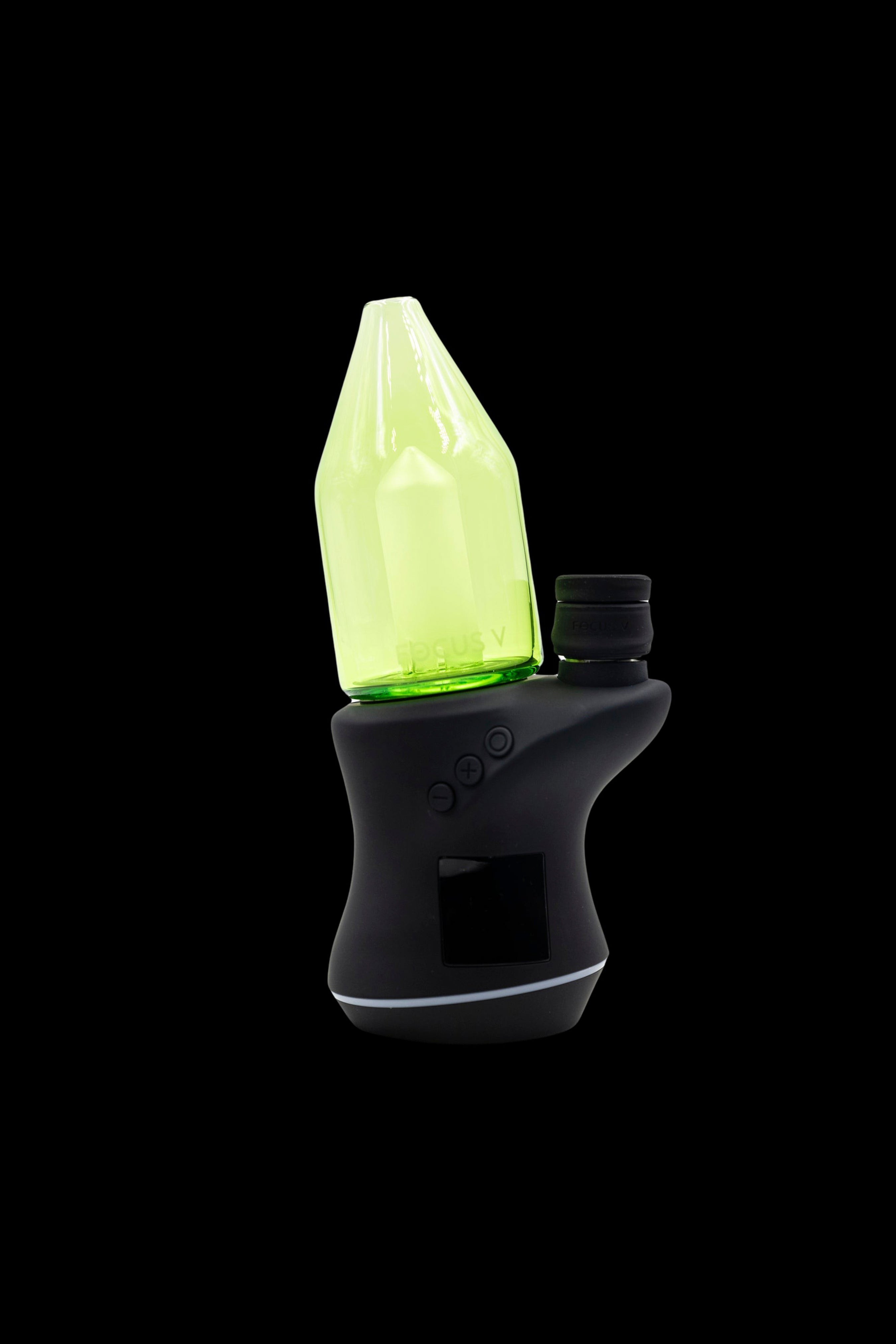 Electronic dab rig with illuminated green glass water pipe.