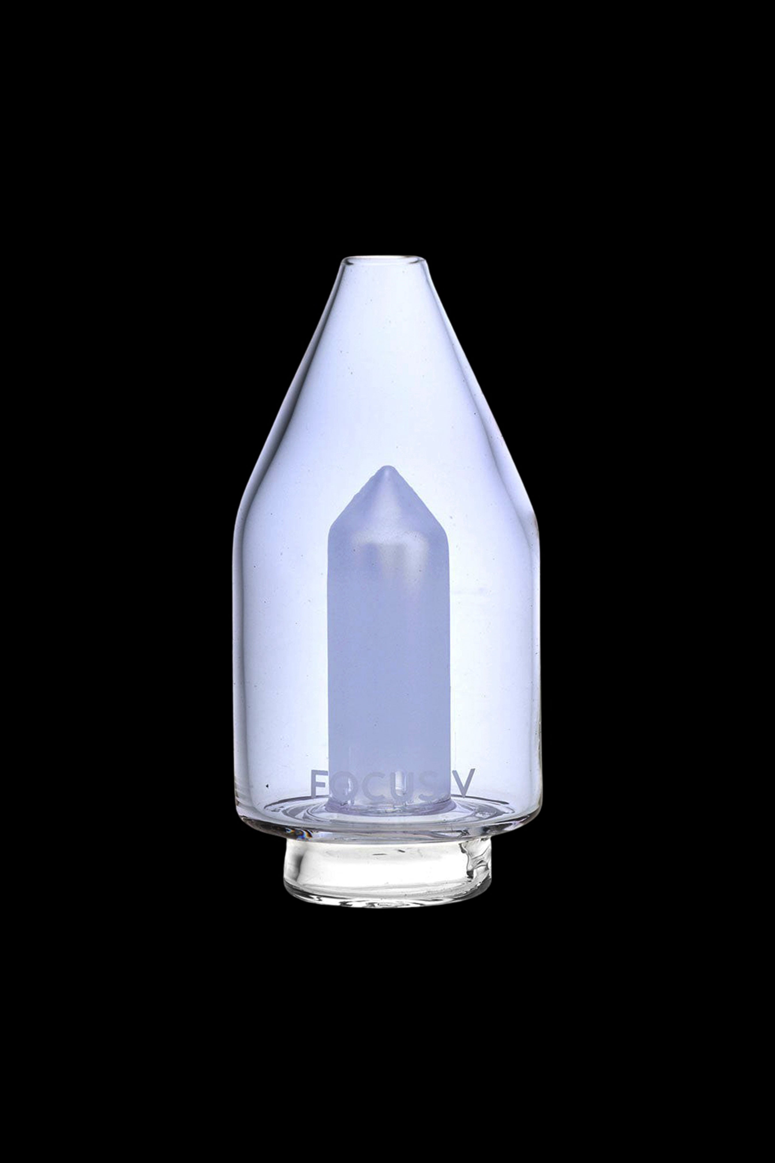 Clear glass water pipe with a blue crystal-shaped insert, isolated on a black background.