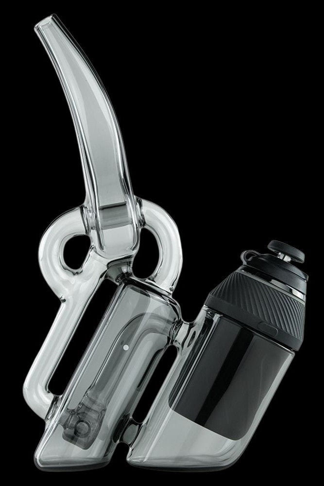 Clear glass water pipe (rig) with a black water reservoir, designed for cannabis concentrates.