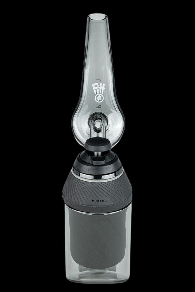 Black Puffco Peak Pro portable dab rig with glass water pipe attachment.