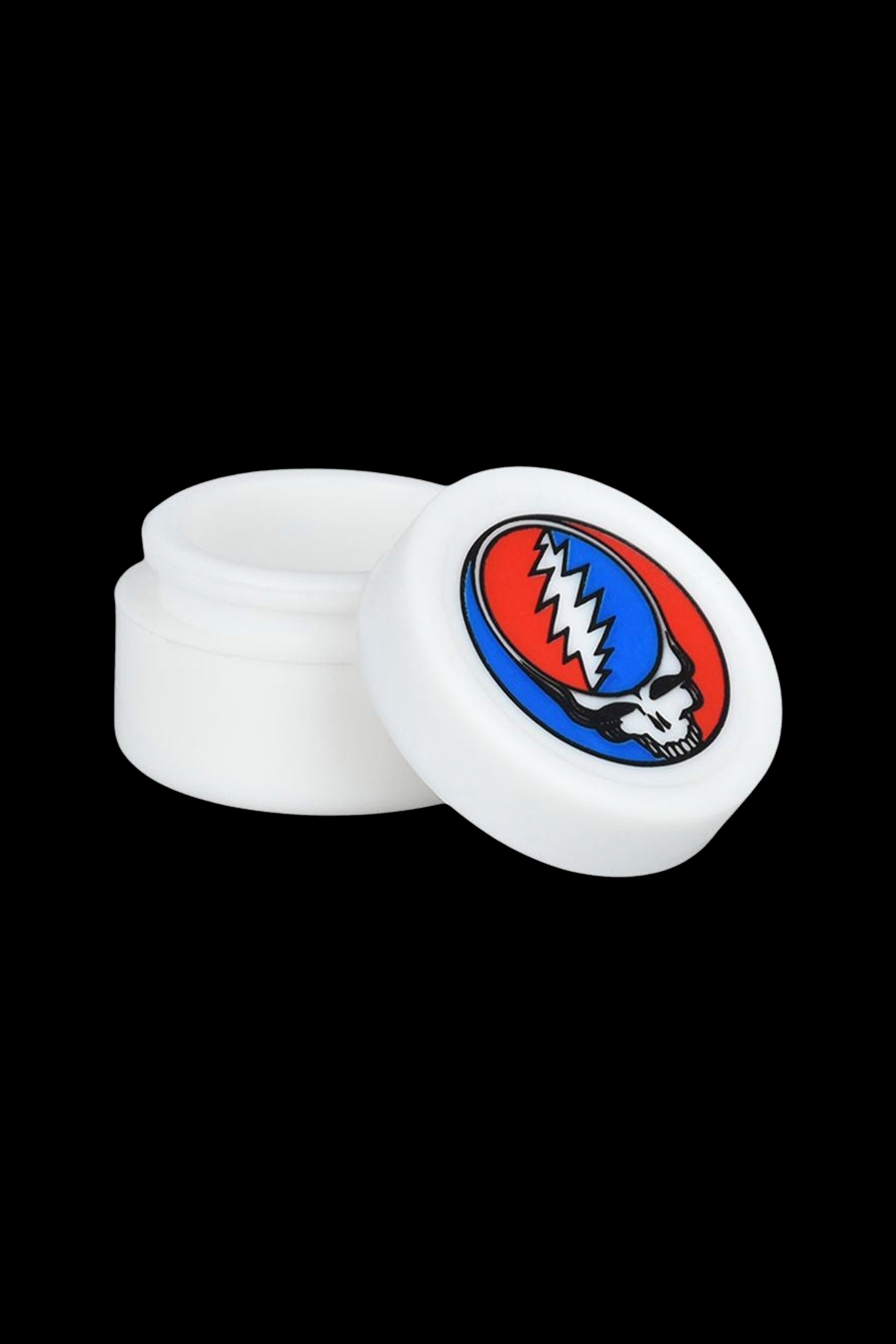 White silicone container with a Steal Your Face Grateful Dead skull emblem, likely for cannabis storage.
