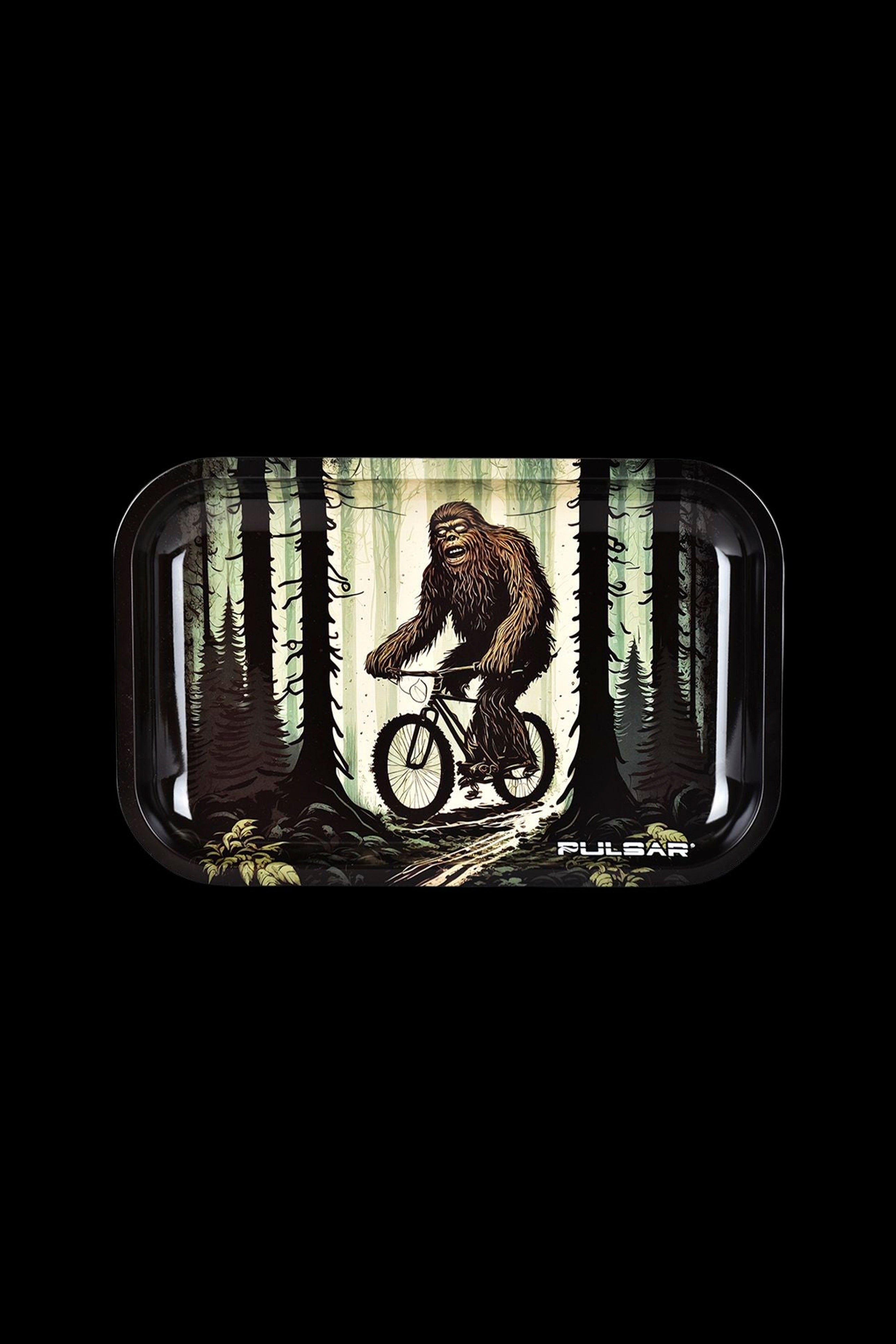 A rolling tray featuring a whimsical illustration of Bigfoot riding a bicycle through a forest, branded with “Pulsar.”