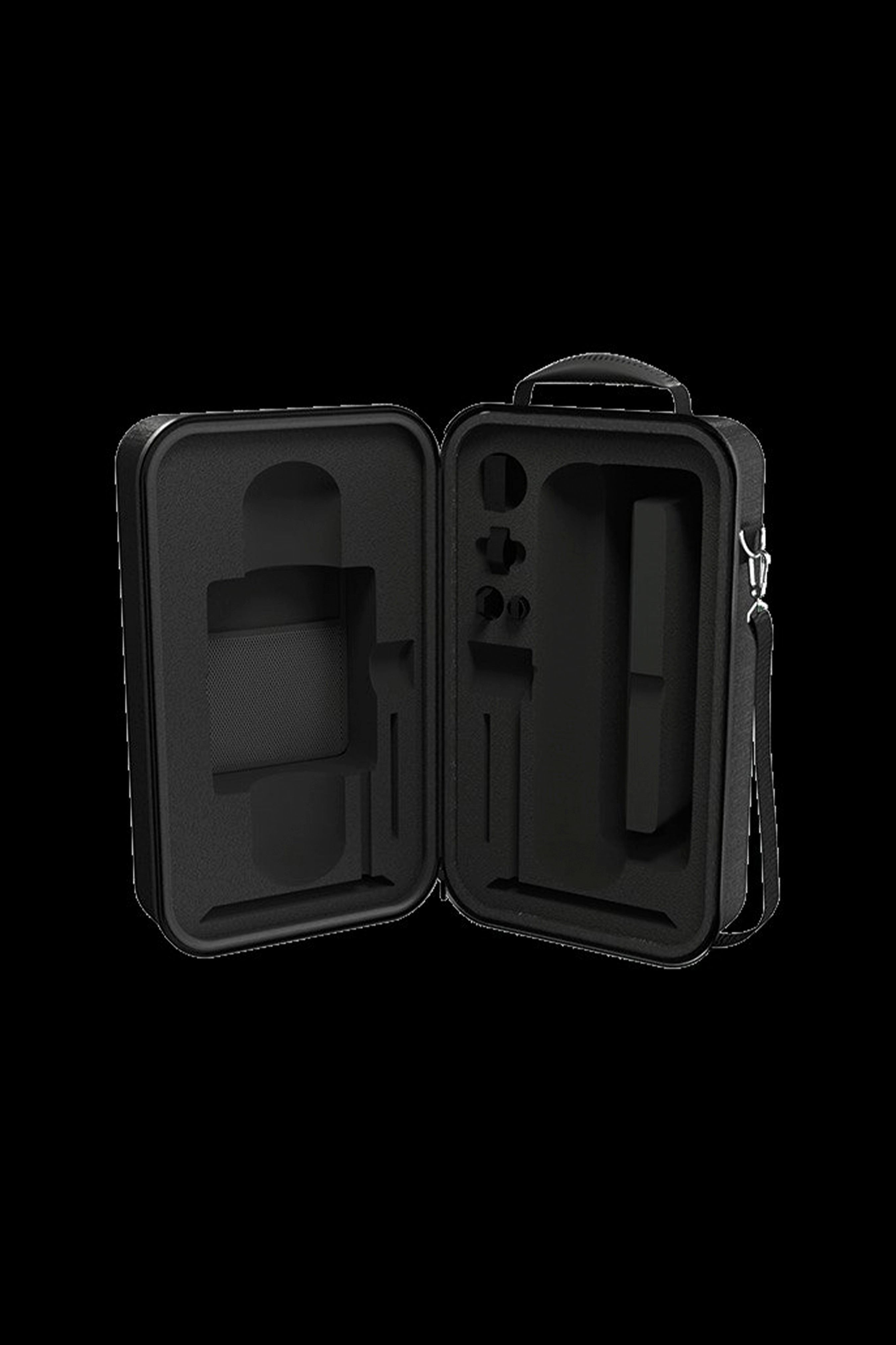 Black cannabis accessories case open, revealing molded foam inserts for a vape pen, grinder, and other tools.