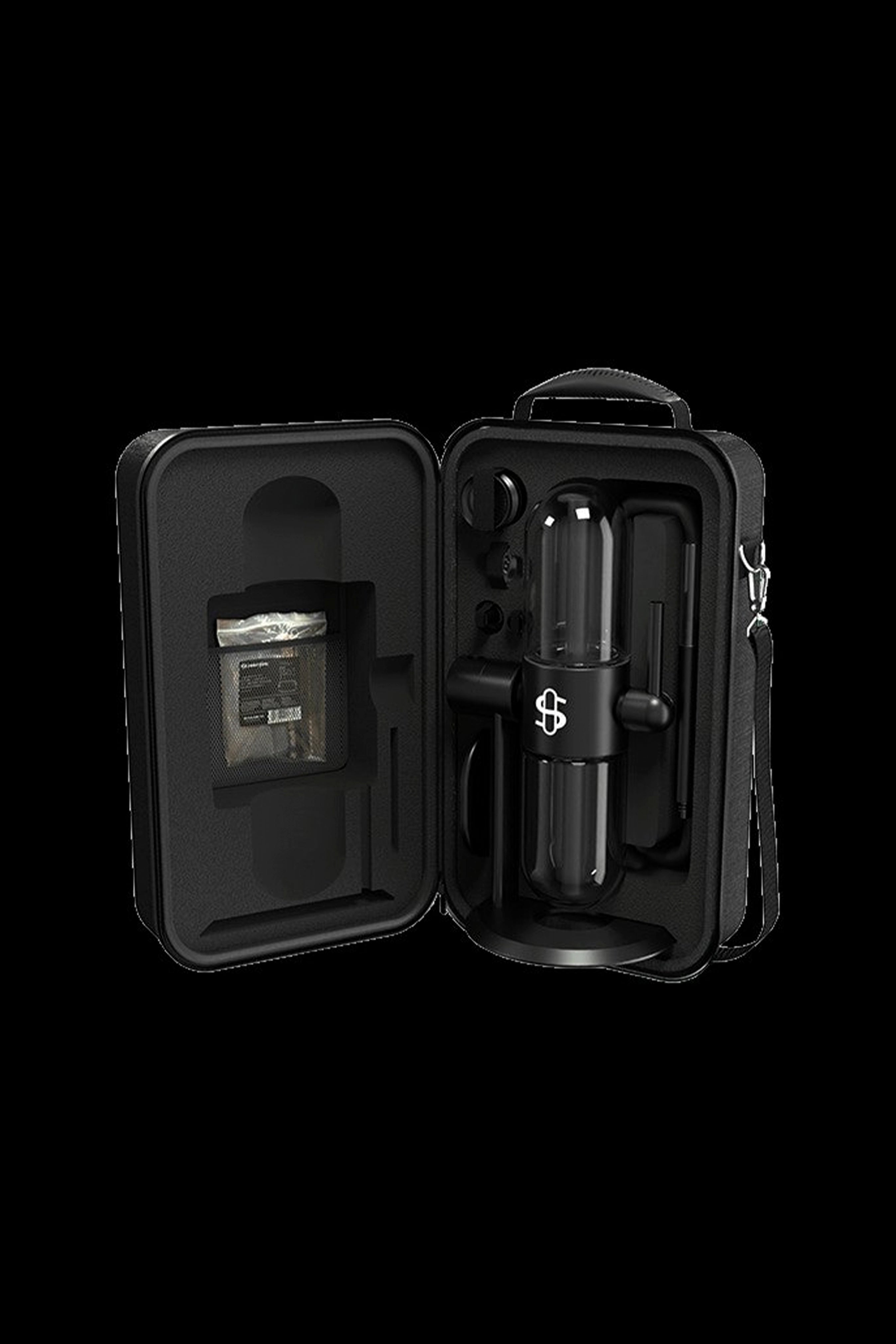 Black cannabis accessory case open, displaying a bag of cannabis and a vaporizer.