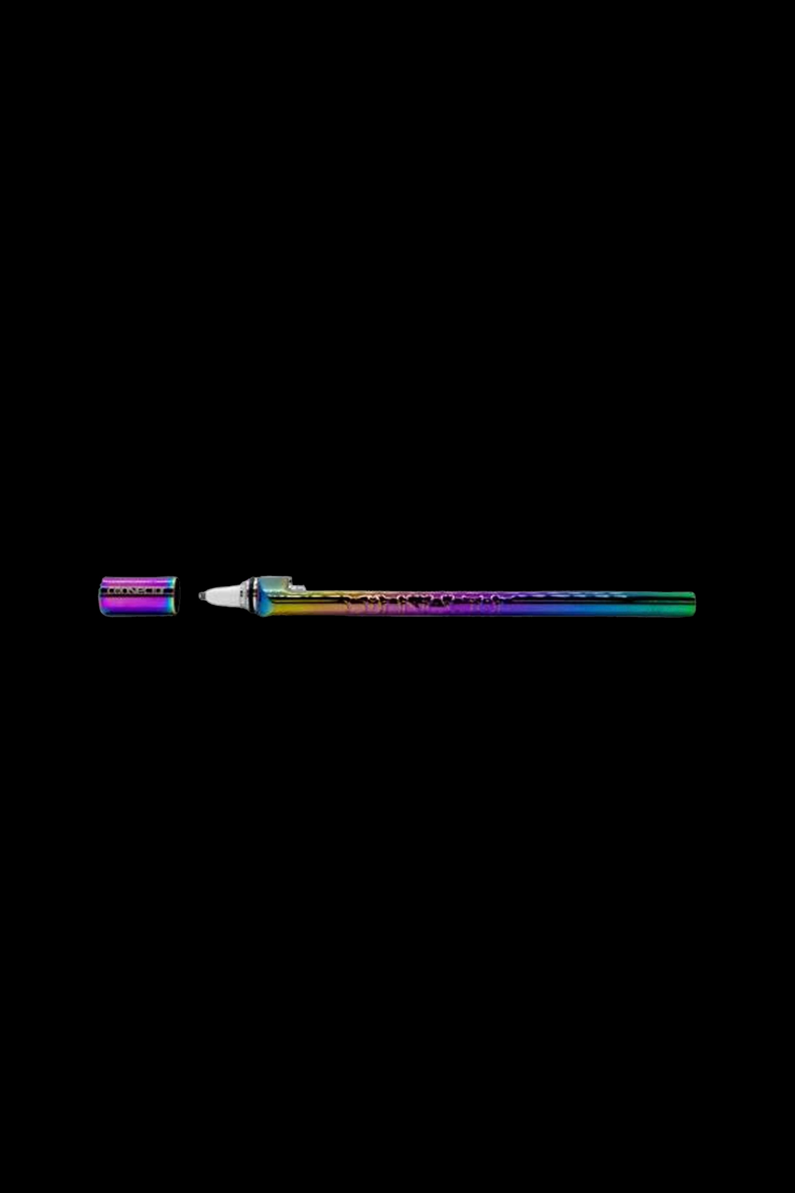 Iridescent glass cannabis oil burner pipe against a black background.
