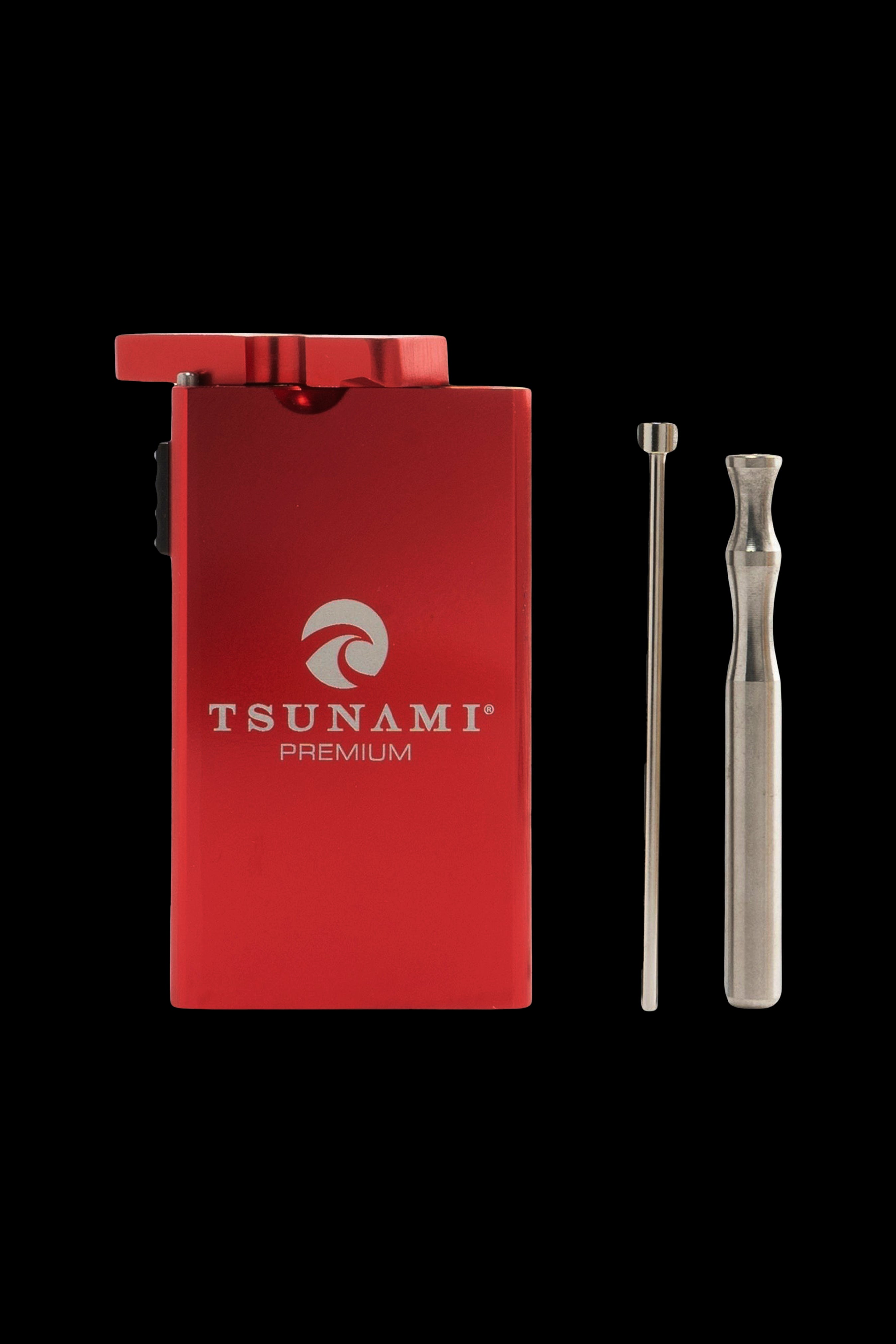Red “Tsunami Premium” dab kit with two metal dabbing tools on a black background.