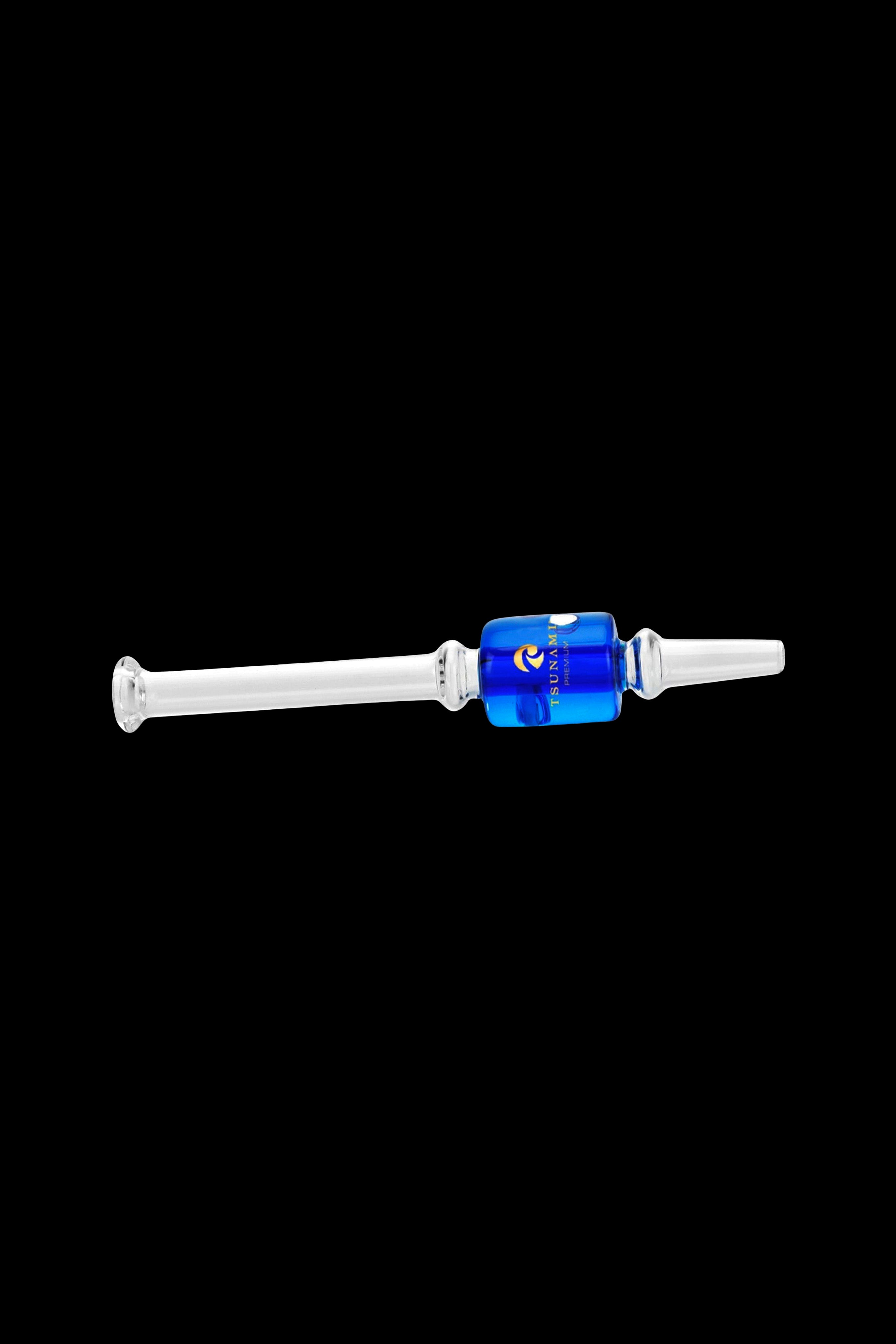 Blue glass cannabis oil burner pipe with textured grip.