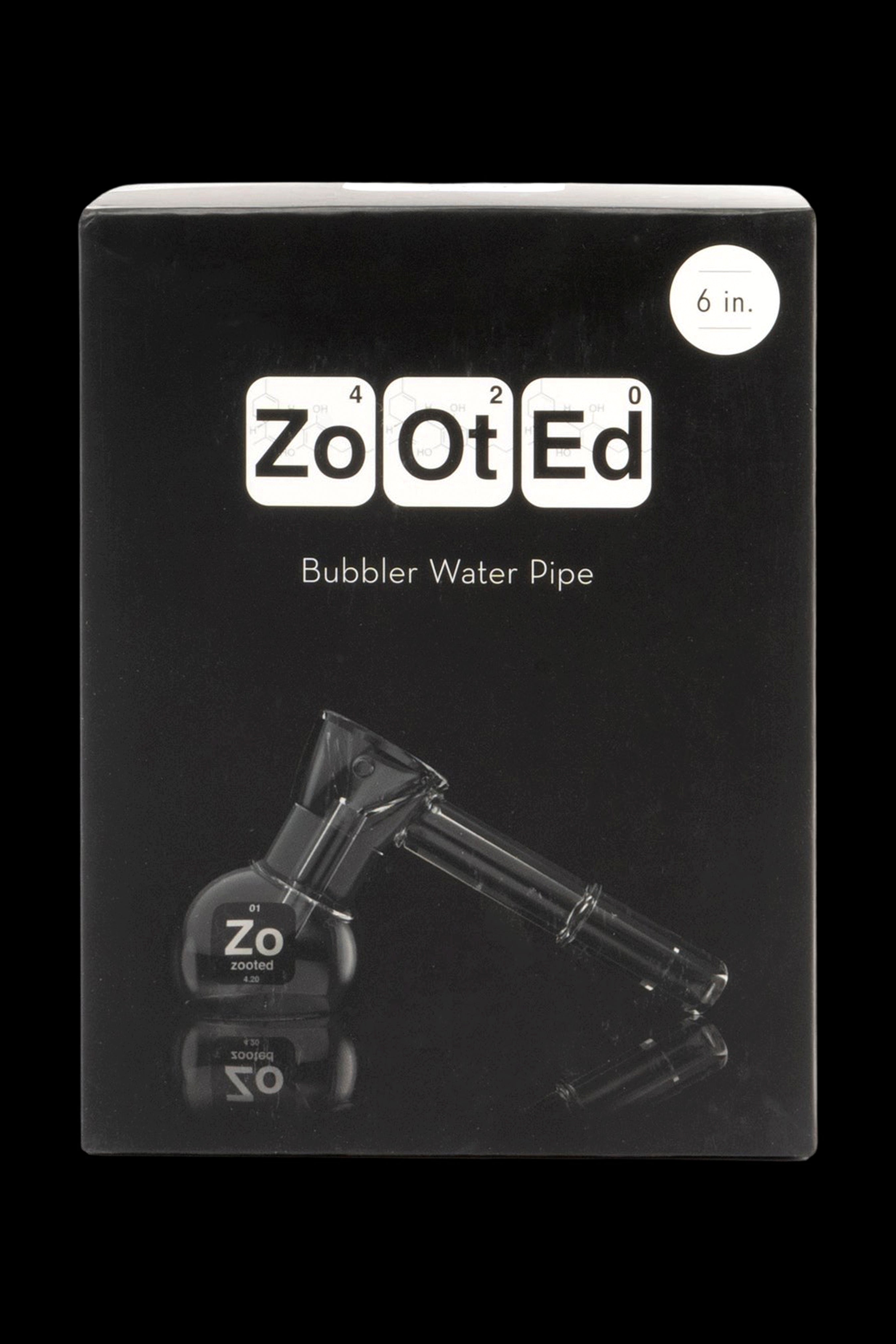 Product shot of a “Zooted” branded bubbler water pipe in its black retail box.