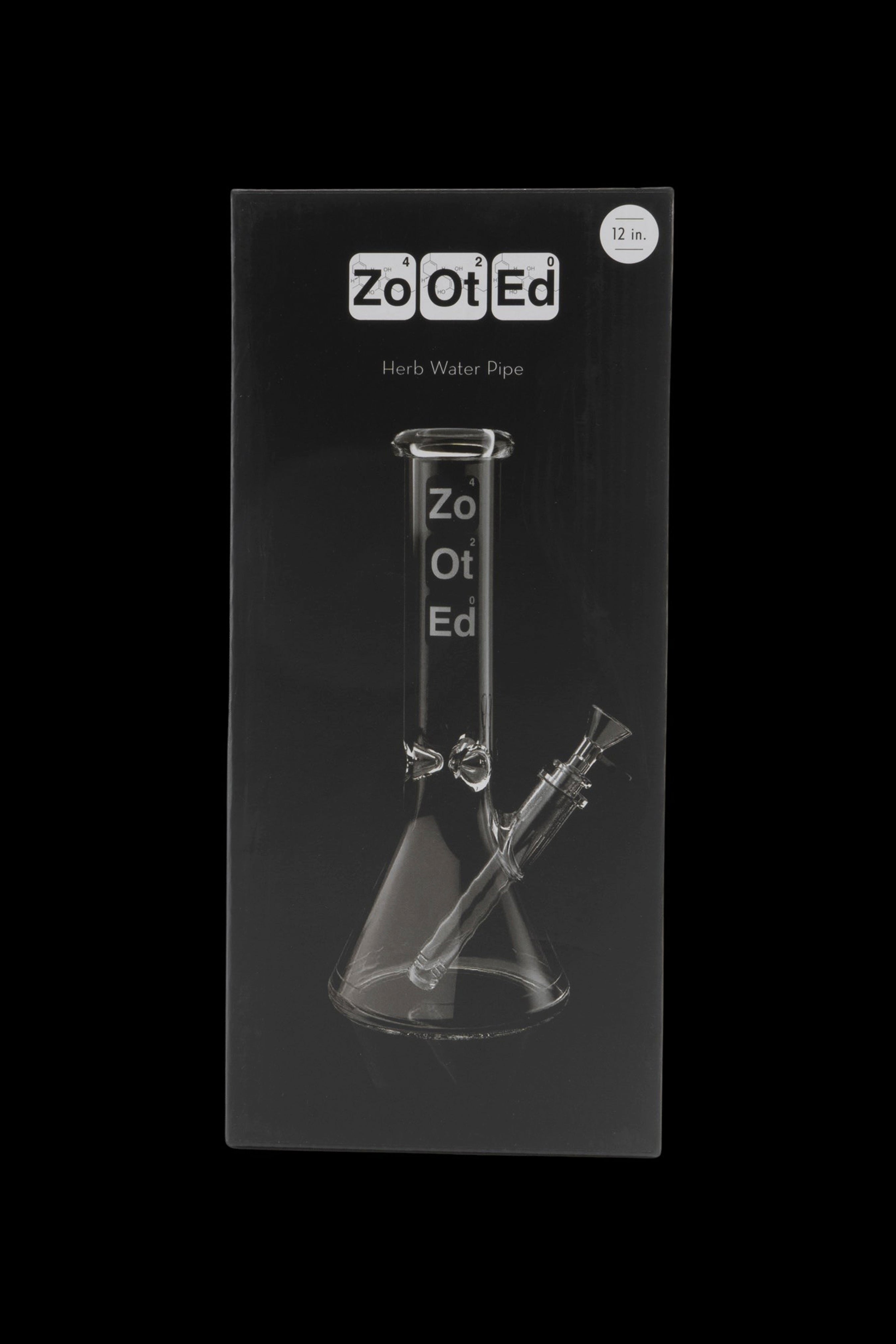 Black box for a 12-inch “ZoOt Ed” herb water pipe, displaying a clear glass bong inside.