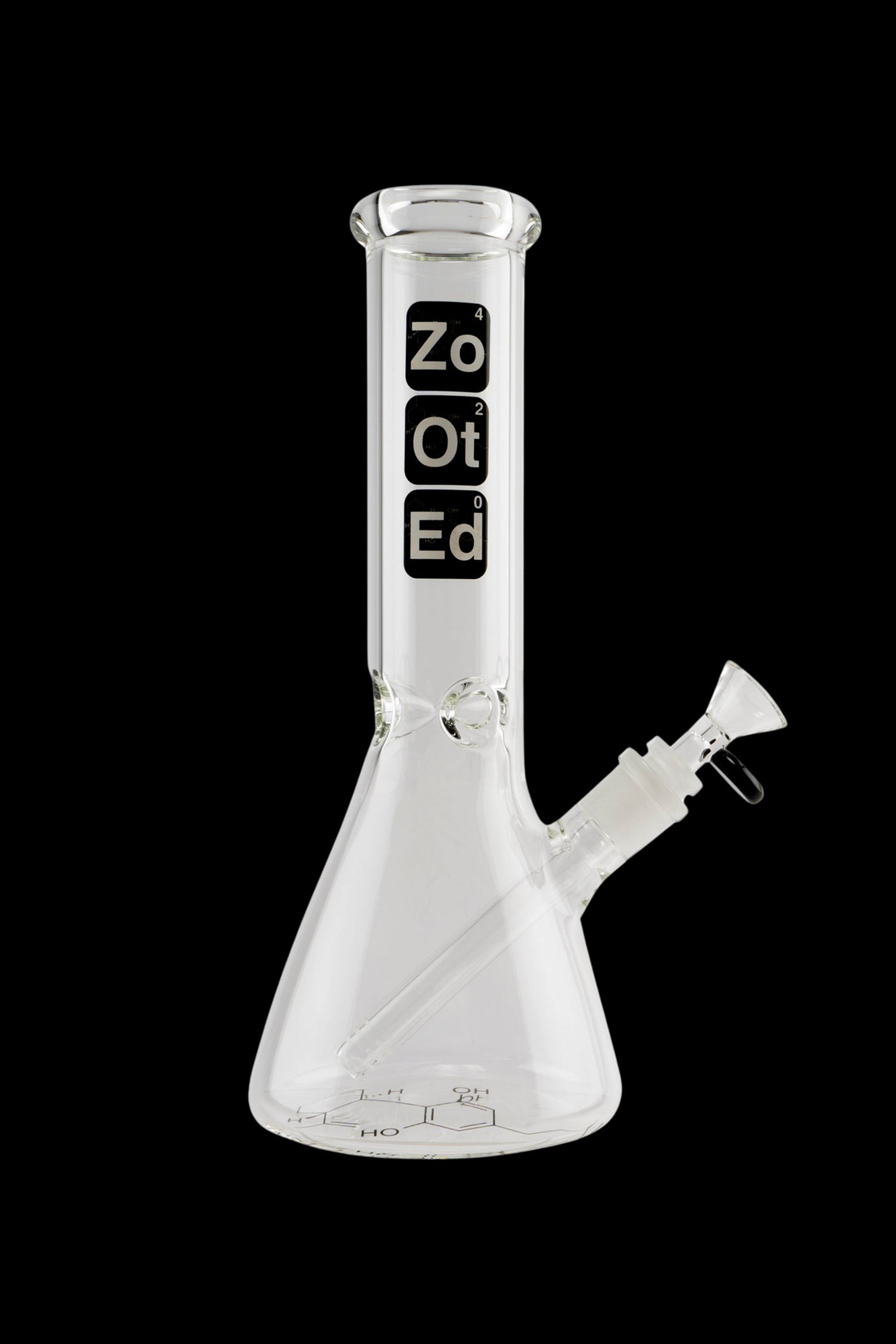 Glass water pipe (bong) with “ZoOtEd” logo and detachable downstem.