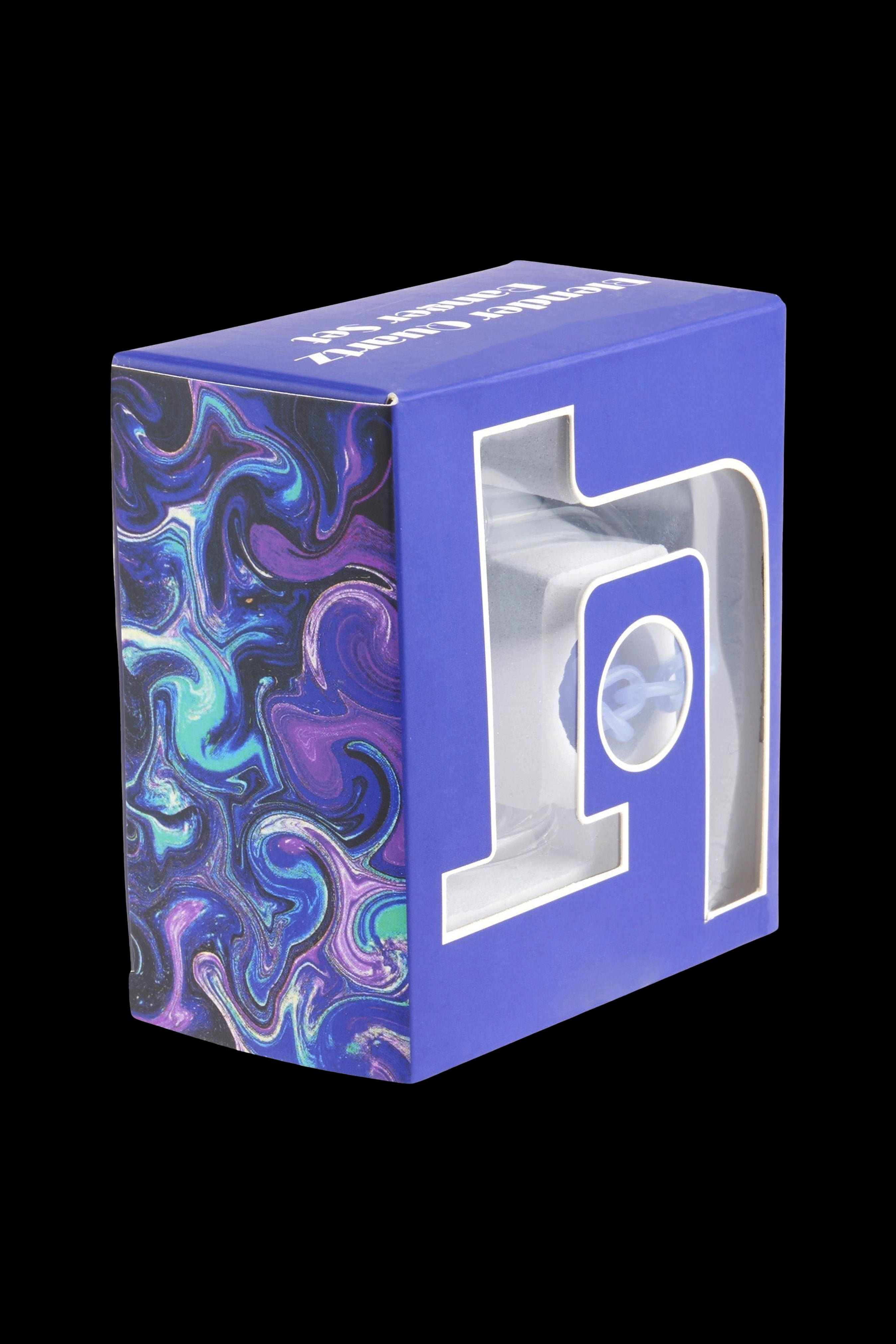 A marbled purple and blue box with a silver “9” logo, likely packaging for a cannabis accessory.